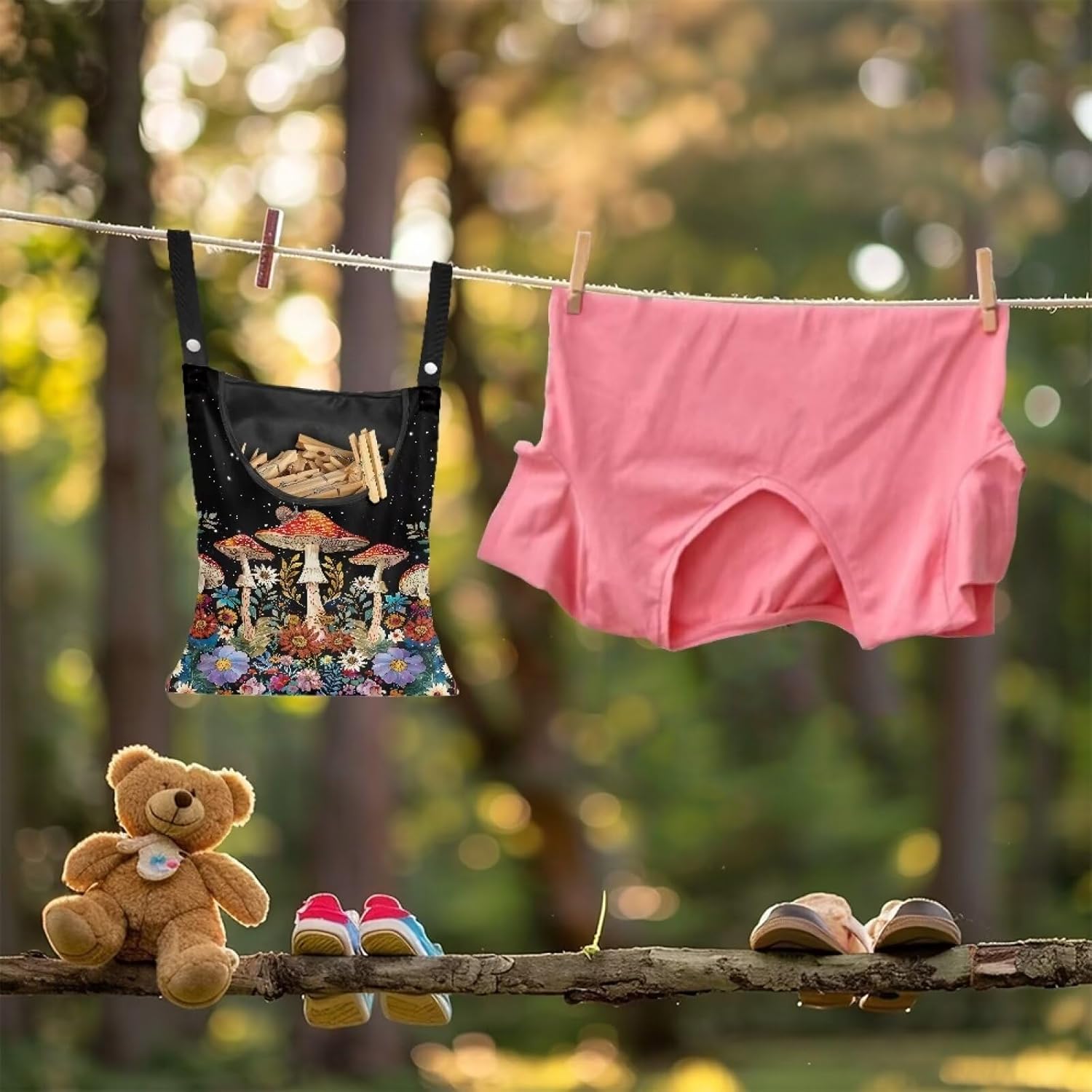 Mushroom Clothespin Storage Hanger Bags Laundry Clothespin Bag, Clothespin Bag with a Large