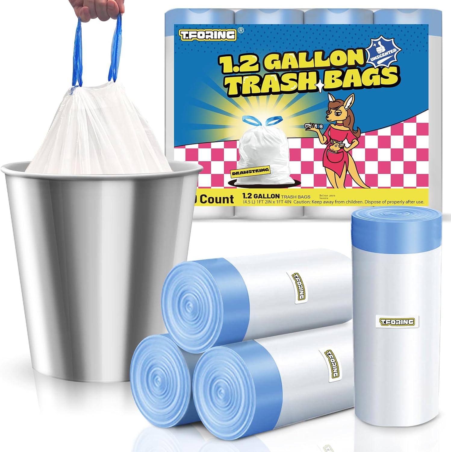 1.2 Gallon Mini Trash Bags Drawstring - 120 Count Thick Small Garbage Bags Unscented,White Trash