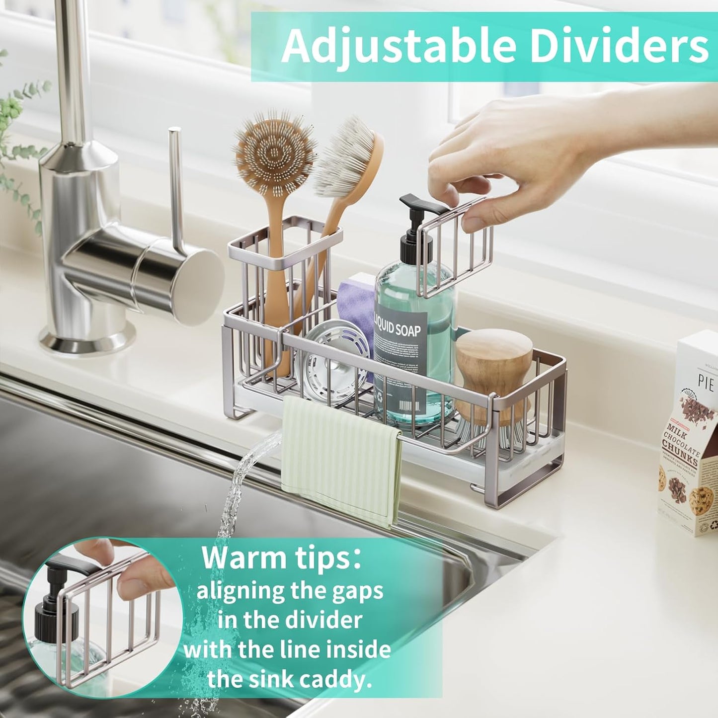 HapiRm Sponge Holder for Kitchen Sink - Self-draining Sink Caddy with Brush Holder and Dishcloth