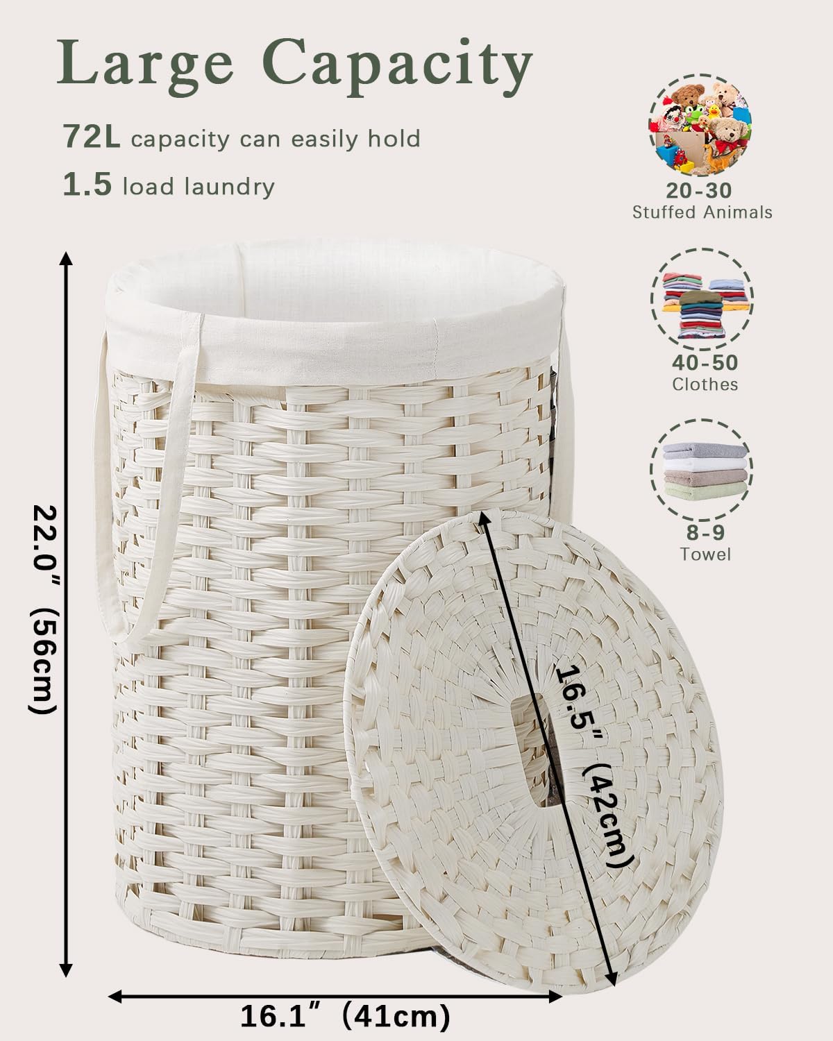 Laundry Hamper with Lid Laundry Basket with Lid 19.0 Gal (72 L) Round Wicker Laundry Basket