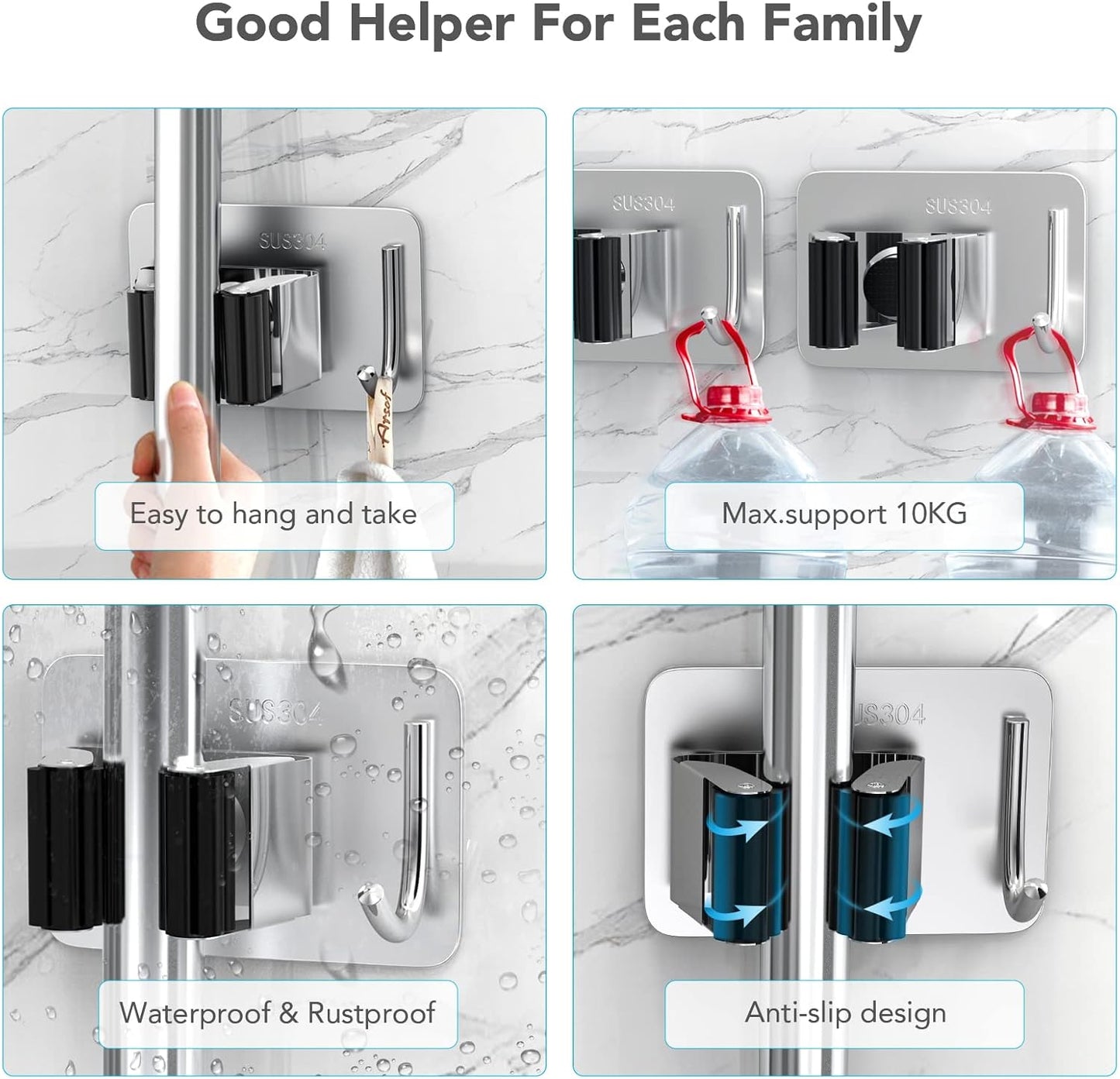 Mop Broom Holder No Drill, Mop Broom Organizer Wall Mounted Heavy Duty with Hooks Hanger, Self