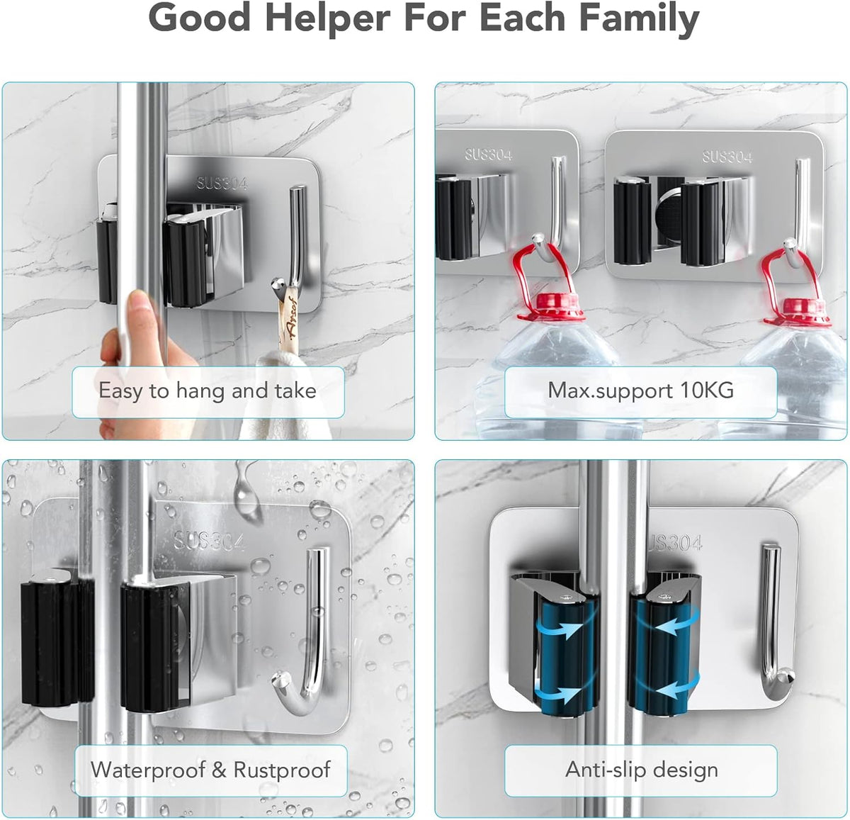 Mop Broom Holder No Drill, Mop Broom Organizer Wall Mounted Heavy Duty with Hooks Hanger, Self