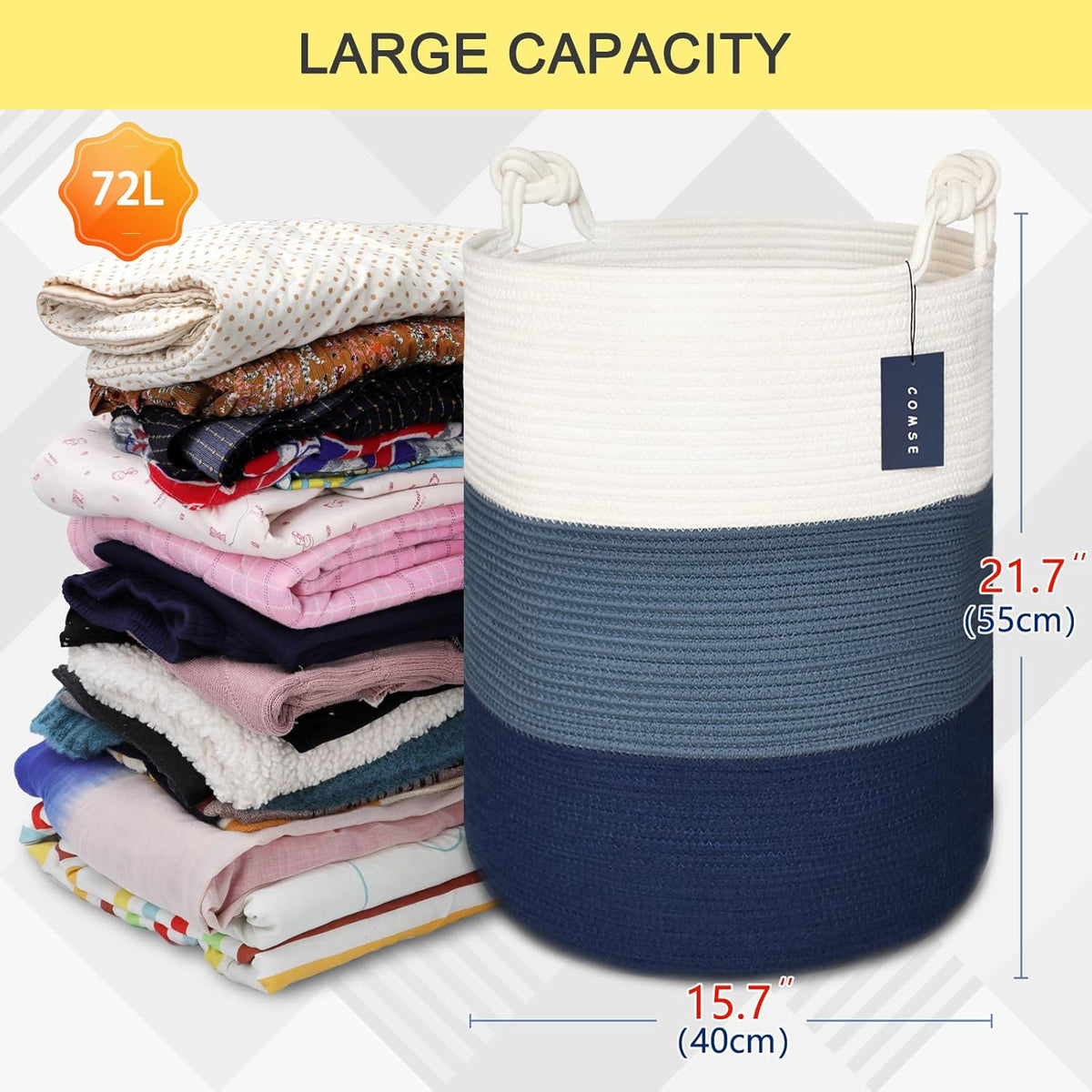 COMSE Extra Large Blanket Basket, Tall Woven Storage Basket, Nursery Hamper, 15.7”x 21.7”, Cotton