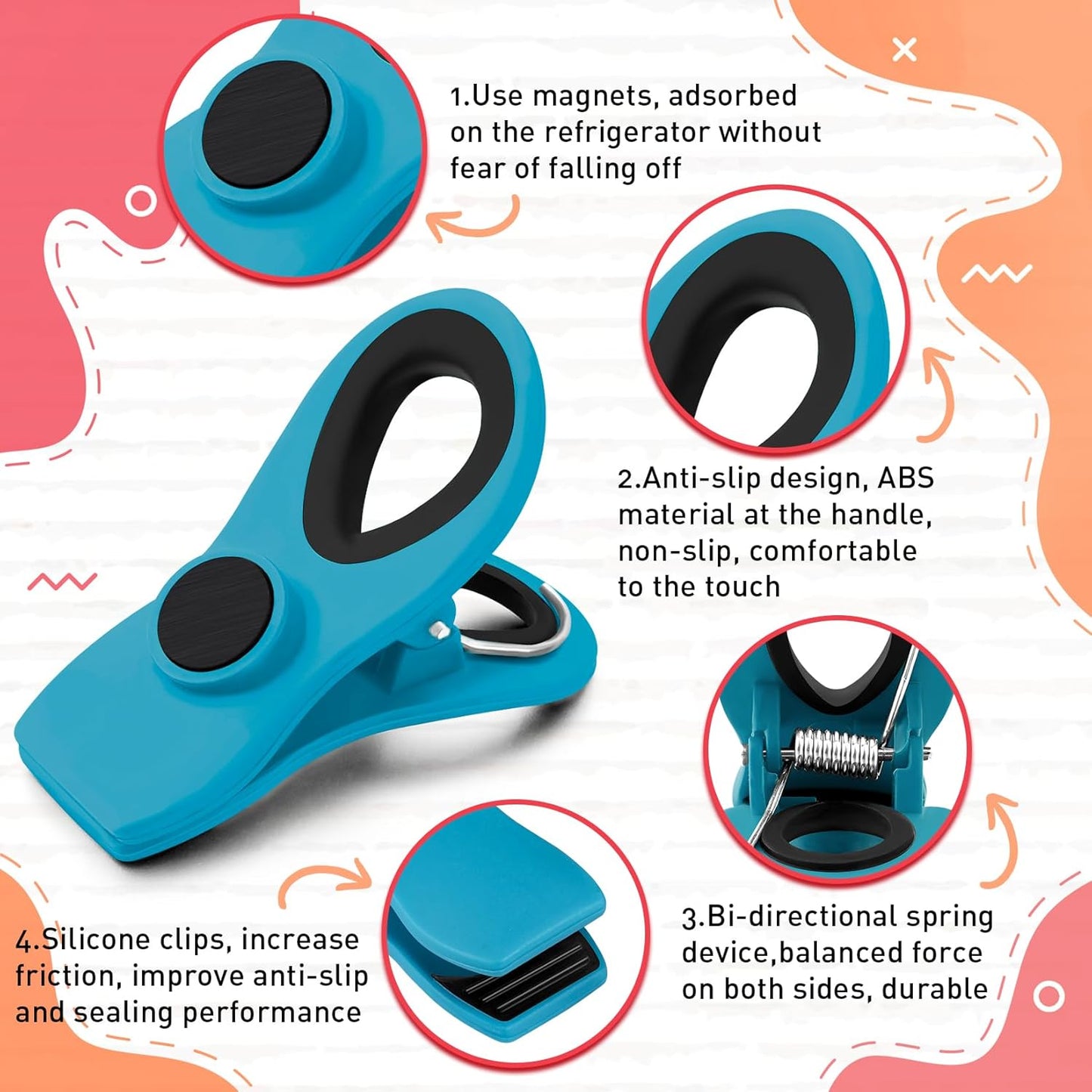 FINDMAG 12 Pack Chip Clips, Big Food Clips Blue Magnetic Clip, Magnetic Bag Clips with Airtight