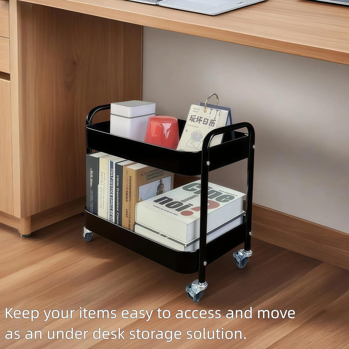 2 Tier Rolling Cart with Wheels for Under Desk Storage & Pantry Storage, Large Capacity Laundry