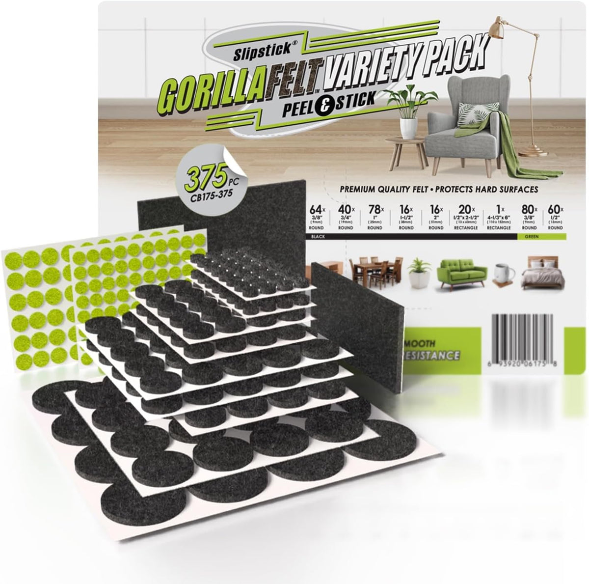 Slipstick Gorilla Felt Furniture Pads (375 Piece Variety Pack) Premium Furniture Pads & Chair Leg