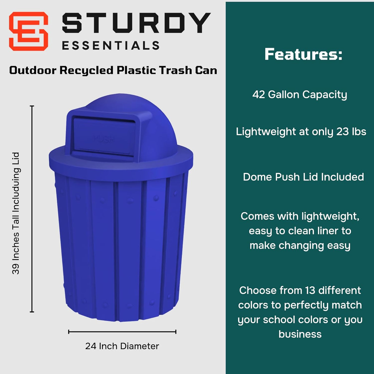 42 Gallon Slatted Circle 100% Recycled Plastic Commercial Outdoor and Indoor Trash Can with Push