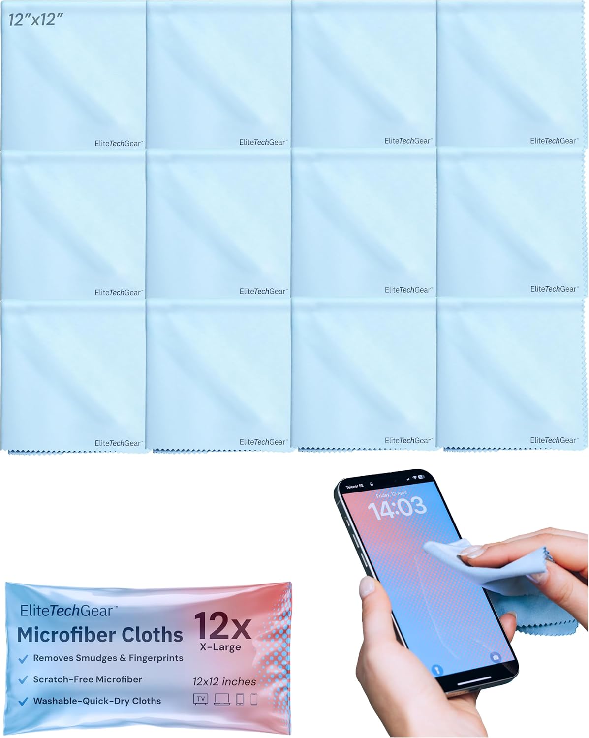 Elite Screens Microfiber Cleaning Cloth - Pack of 12, 12" x 12", Blue - Streak-Free Vision &
