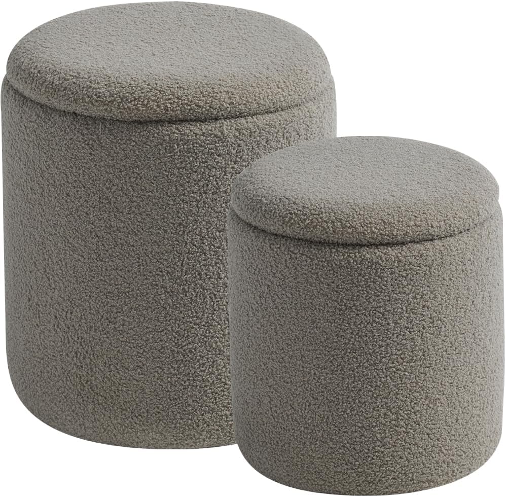 Round Ottoman with Storage Set of 2-Upholstered Sherpa Vanity Stool for Makeup Multifunctional