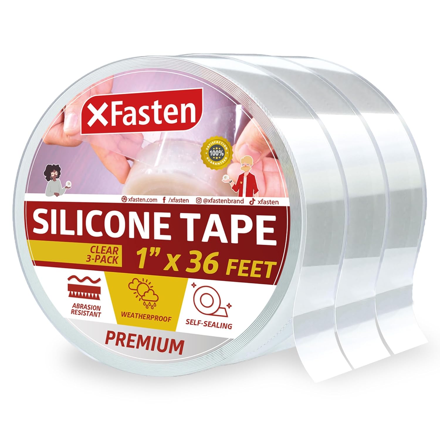 XFasten Self Fusing Silicone Tape Waterproof Clear – 1" x 36 Feet (3-Pack 108ft), Self Amalgamating