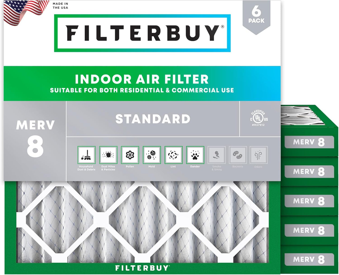 Filterbuy 10x10x2 Air Filter MERV 8 (MPR 700) Dust Defense Replacement (6-Pack), Electrostatic