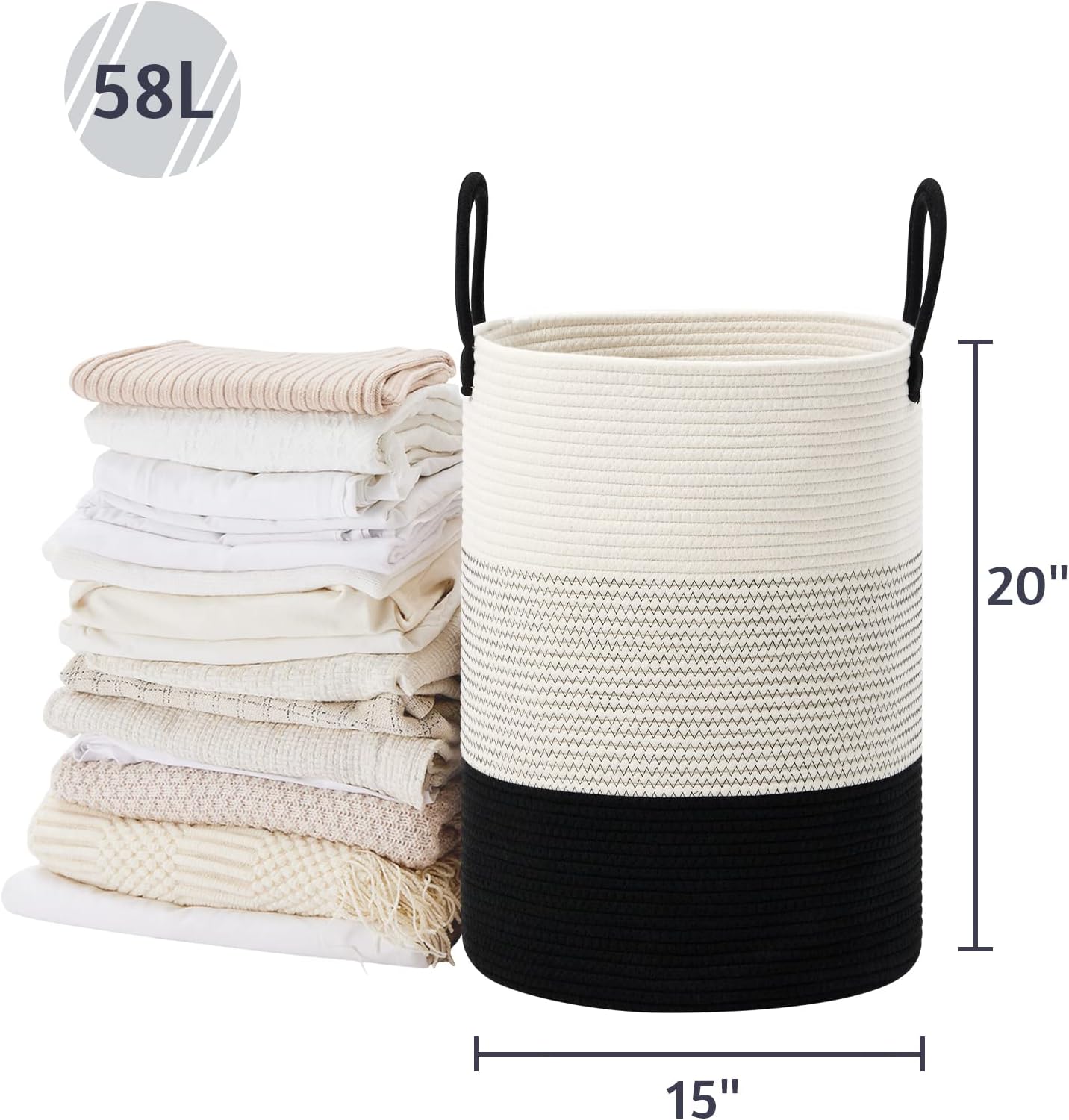 VIPOSCO Large Laundry Hamper, Tall Woven Rope Storage Basket for Blanket, Toys, Dirty Clothes in