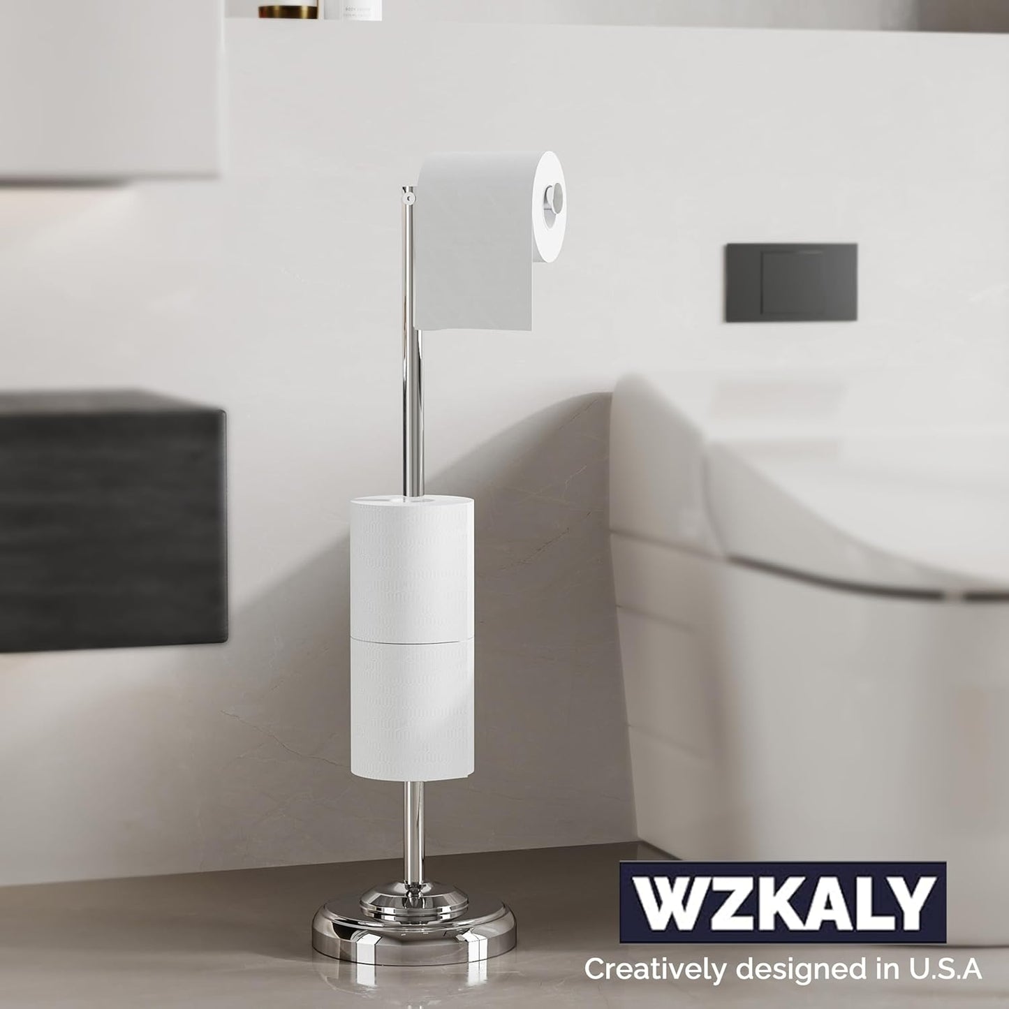 Freestanding Toilet Paper Holder Stand with Storage – Holds 4 Extra Rolls – Chrome Toilet Paper