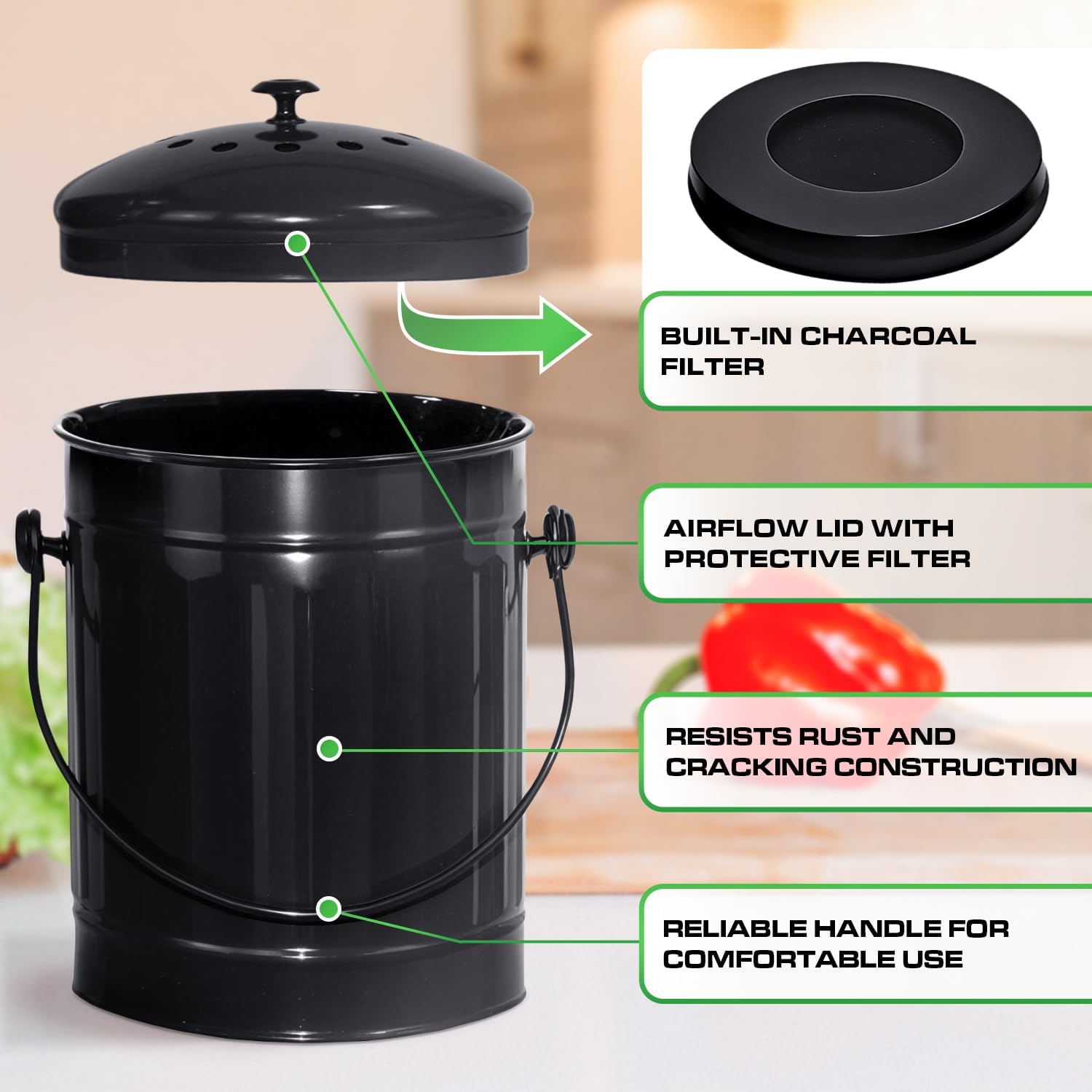 Plexon Countertop Compost Bin Kitchen Indoor with Lid, Black 1.5 Gallon Odorless Kitchen Container