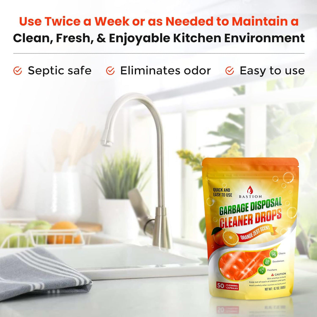 Bastion Garbage Disposal Cleaner and Deodorizer Drops- [[50-Count]] Orange Zest Scented Kitchen