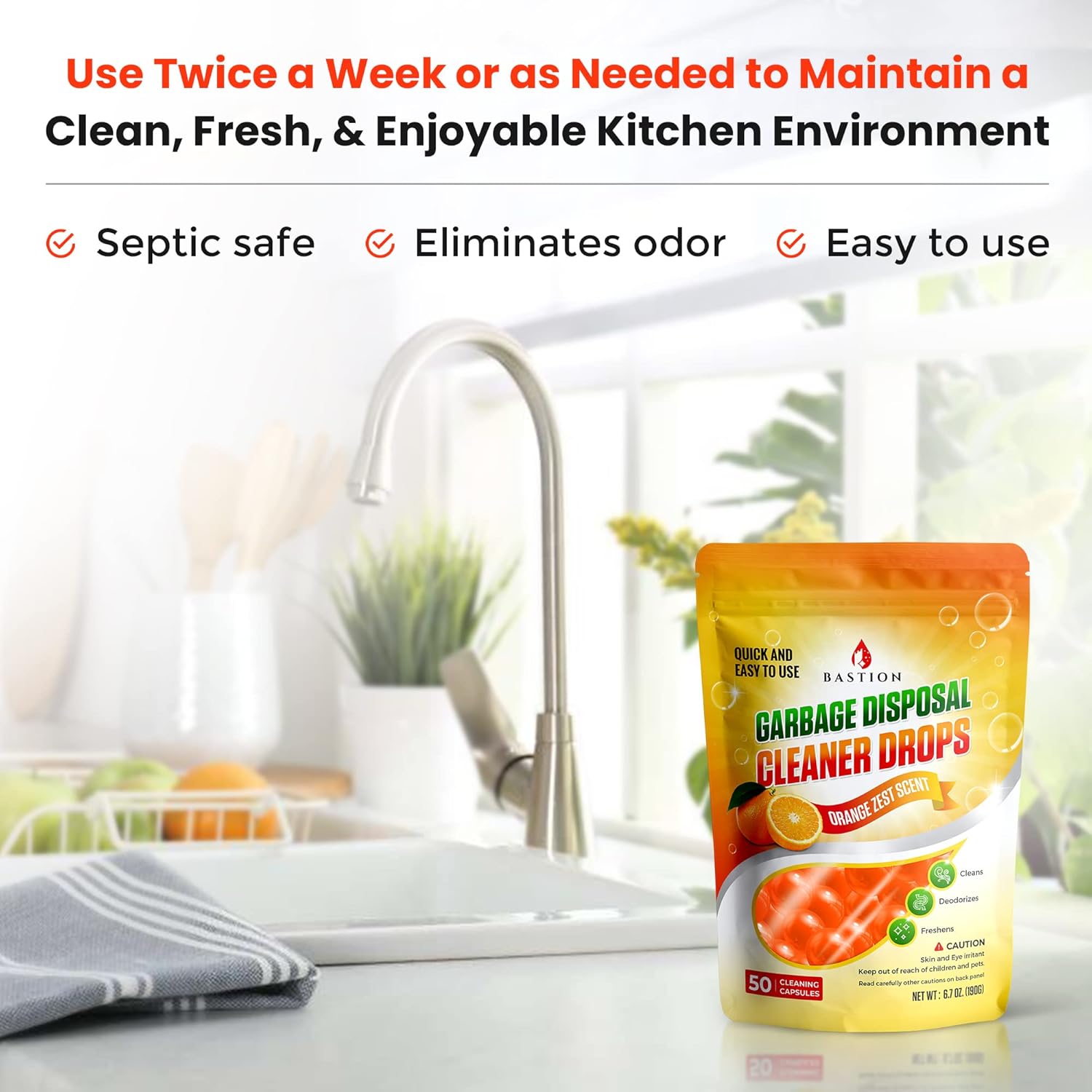 Bastion Garbage Disposal Cleaner and Deodorizer Drops- [[50-Count]] Orange Zest Scented Kitchen