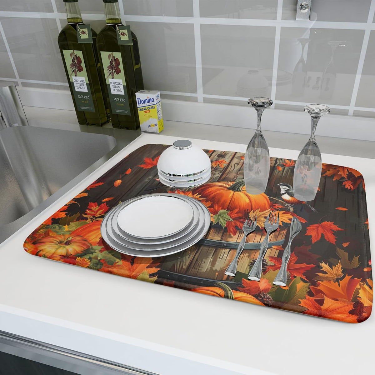 Fall Pumpkin Dish Drying Mat for Kitchen Counter 18x24 Inch Autumn Maple Leaves Microfiber Drying