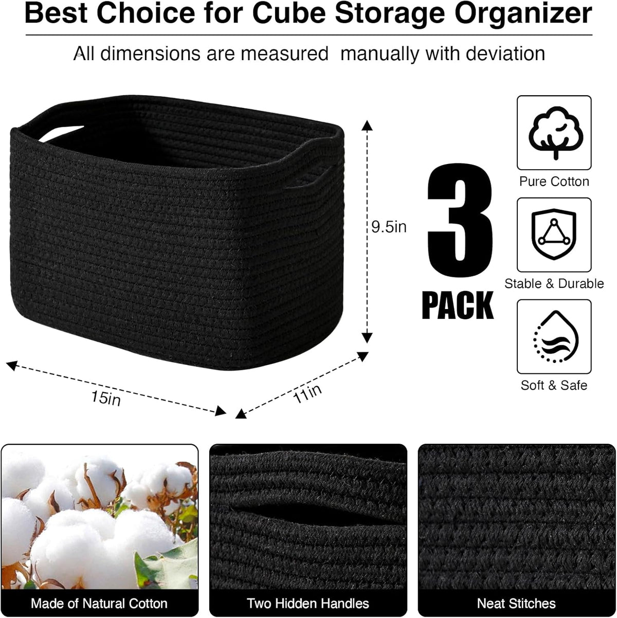 Black Storage Baskets for Organizing Shelves, Toy Basket for Nursery, Woven Cotton Rope Basket for