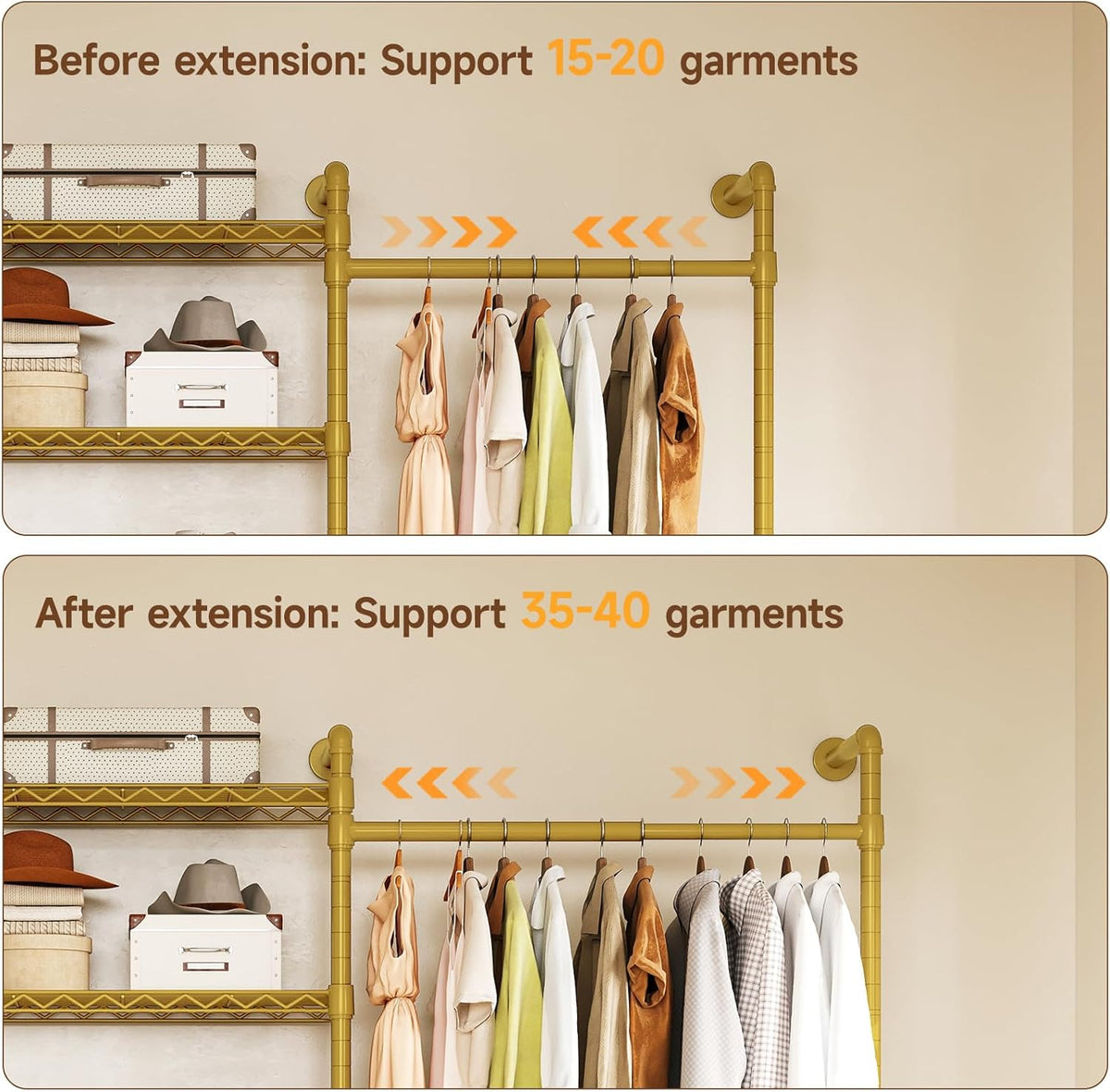 ONBRILL H3 Wall Mounted Closet System, Expandable Industrial Pipe Clothes Rack Clothing Rack for