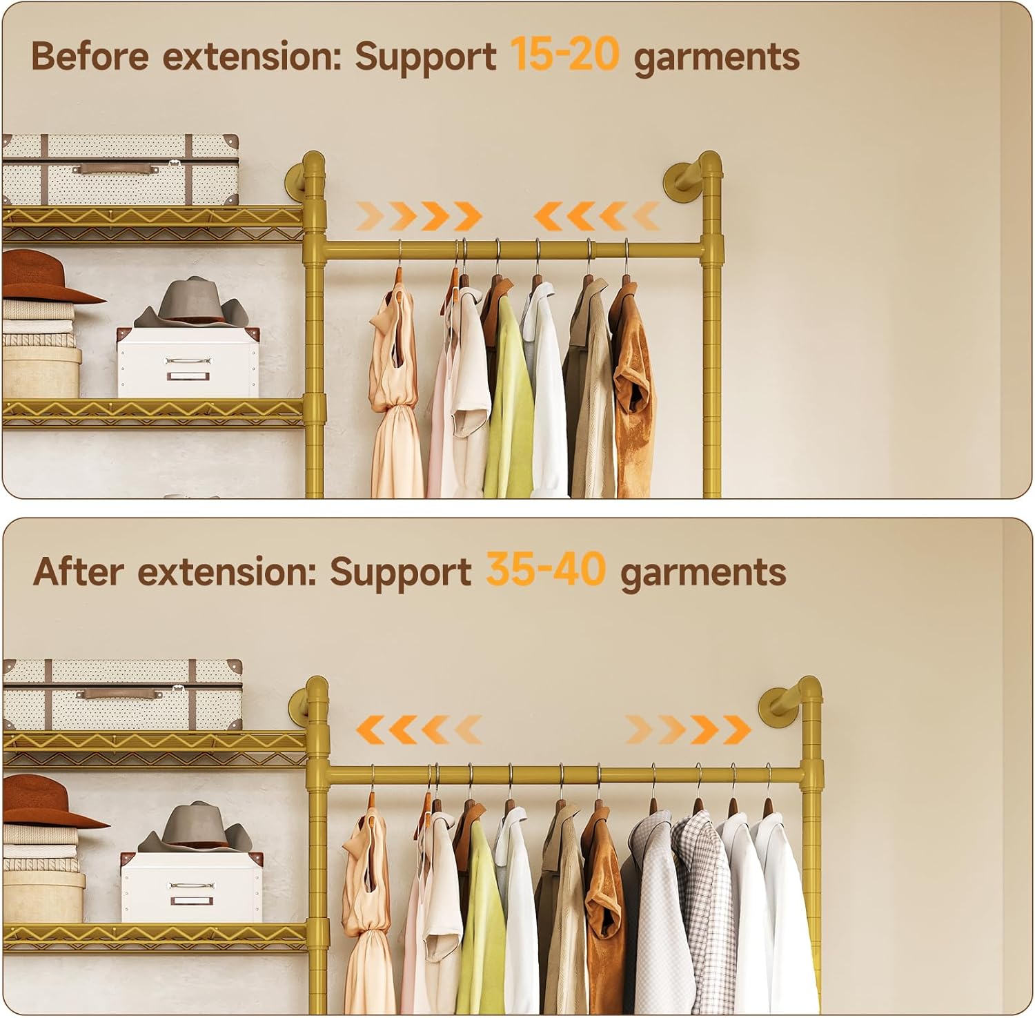 ONBRILL H3 Wall Mounted Closet System, Expandable Industrial Pipe Clothes Rack Clothing Rack for