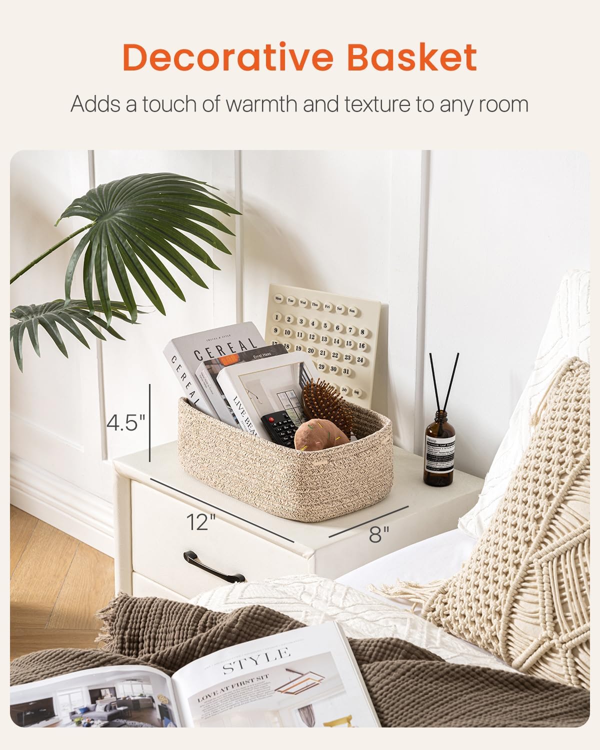 Small Woven Basket, 12 x 8 x 4.5 Inches, Storage Basket for Organizing, Cute Small Rope Shelf