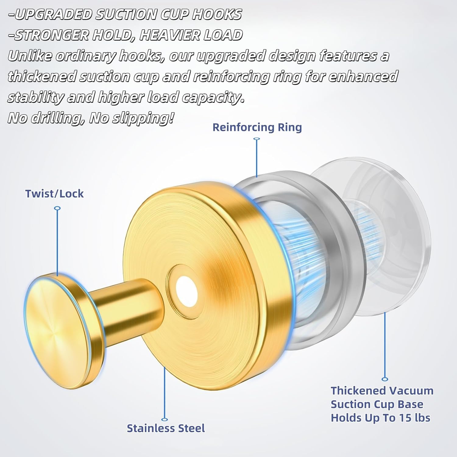 2025 Upgraded Stainless Steel Heavy Duty Suction Cup Hooks for Shower Bathroom Accessories
