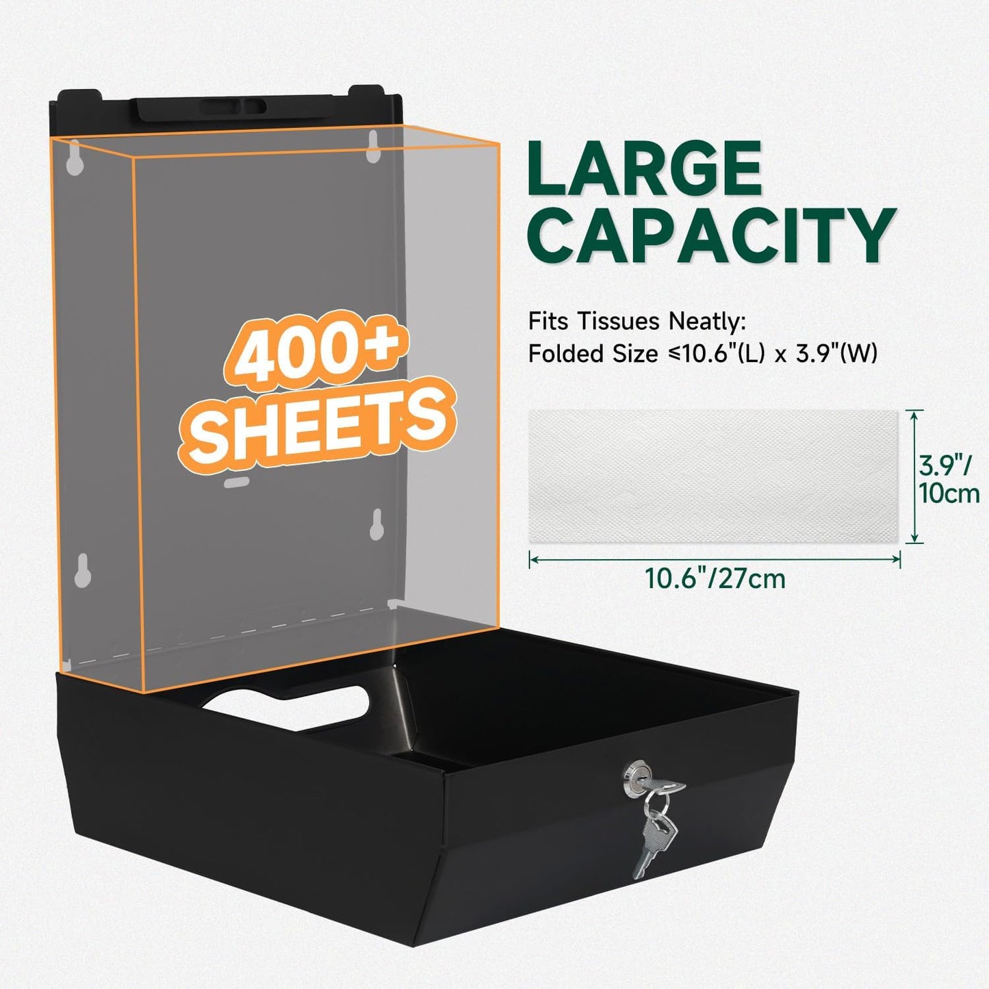 Commercial Paper Towel Dispenser Wall Mount 400-Sheet Capacity Matte Black Stainless Steel Lockable