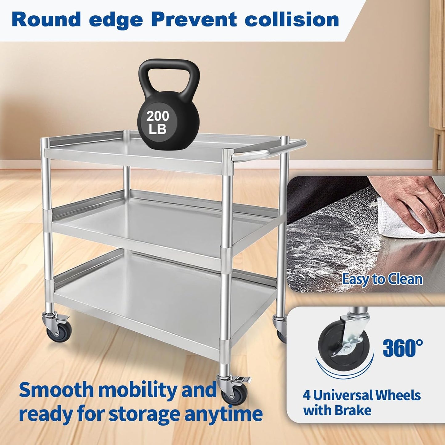 3-Shelf Stainless Steel Rolling Utility Cart - Heavy-Duty Metal Mobile Storage with Handle &