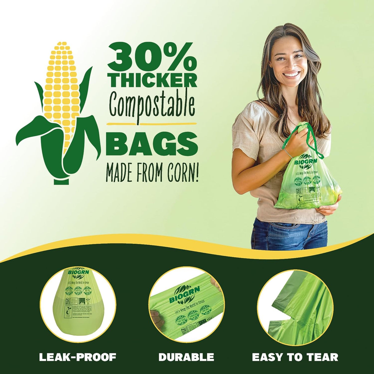 2.6-3 Gallon Compostable Trash Bags Drawstring 50 Bags Extra Thick 1 Mil 11.36 Liter Small