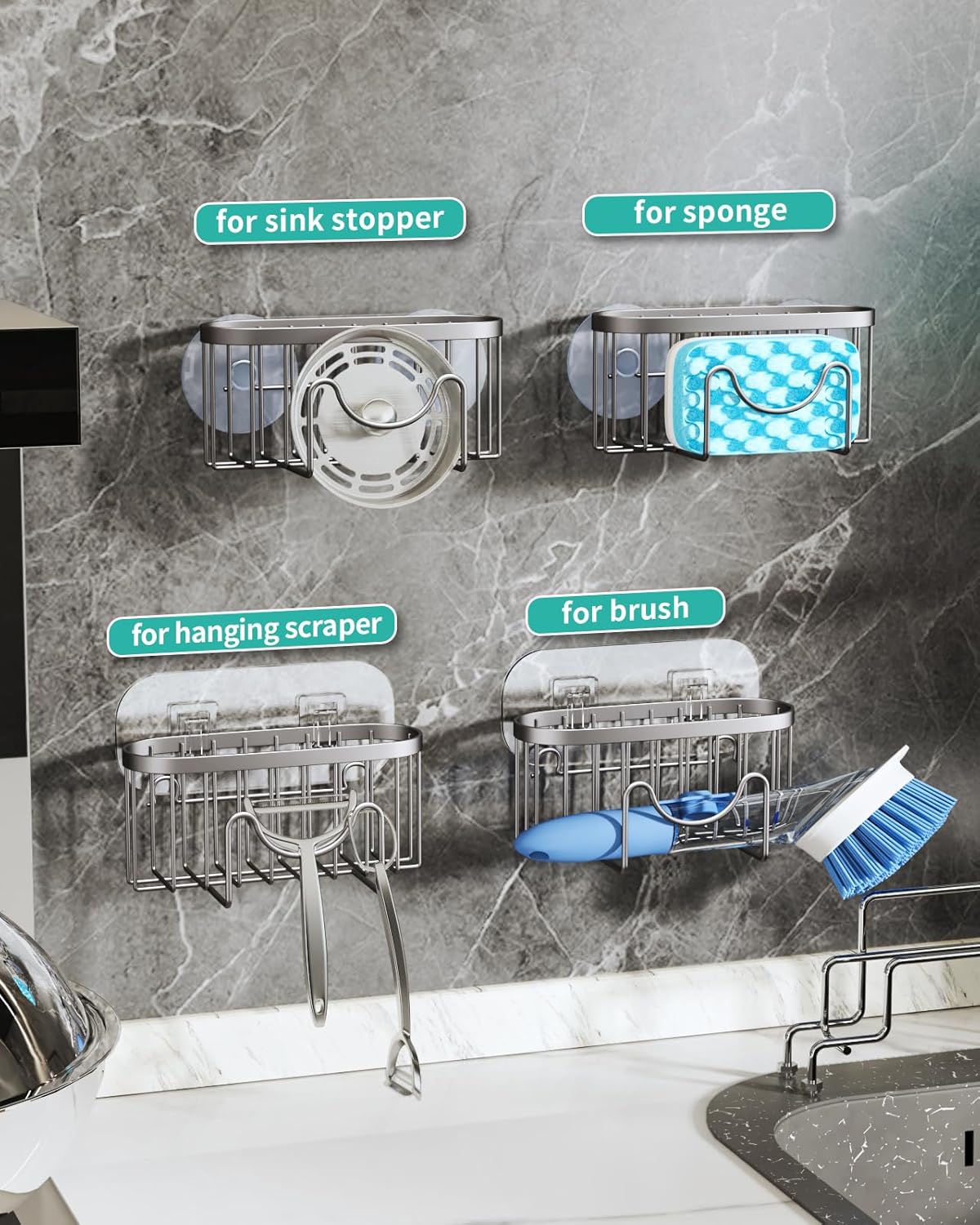 HapiRm Multifunctional Kitchen Sponge Holder with Unique M-Shaped, 2 Installation Ways Sink Caddy