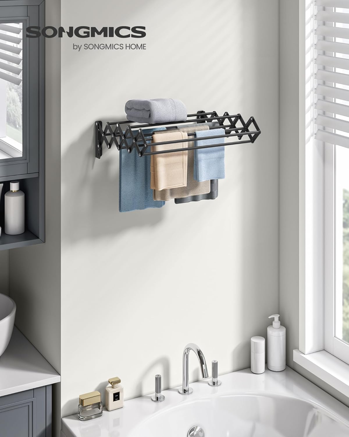 SONGMICS Clothes Drying Rack, Wall-Mounted Drying Rack Clothing, Small Accordion Laundry Rack, 9