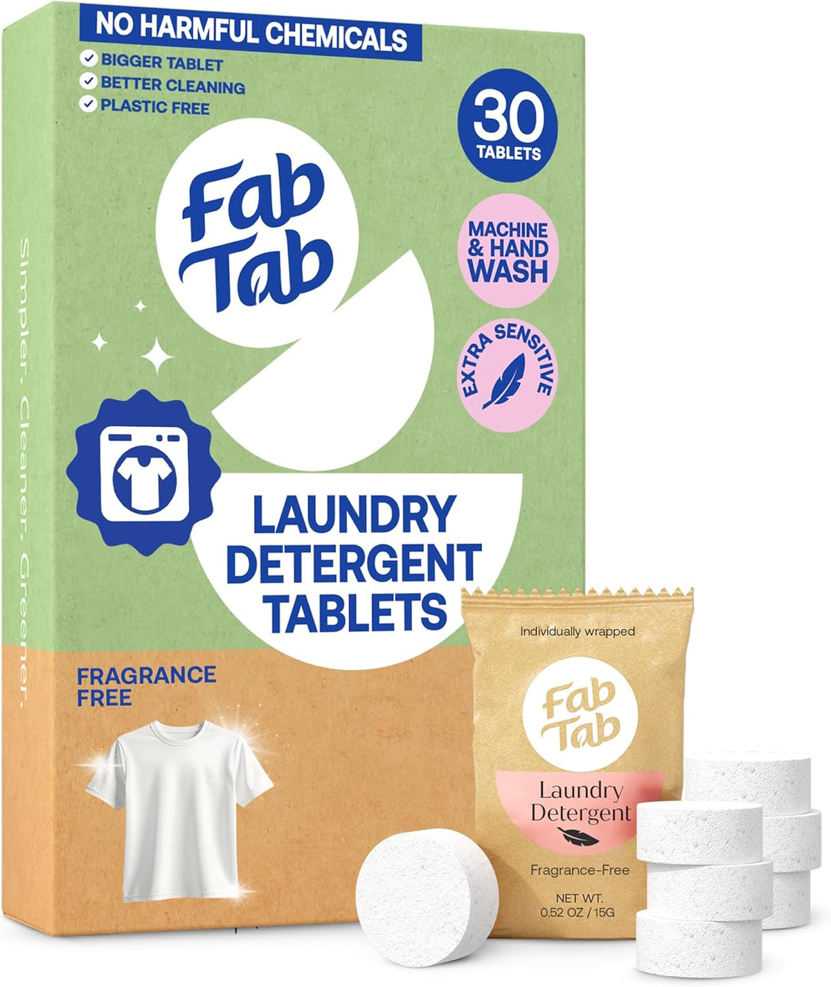 Fab Tab Laundry Detergent Tablets, Plant-Based Formula, Removes Tough Stains, Plastic-Free