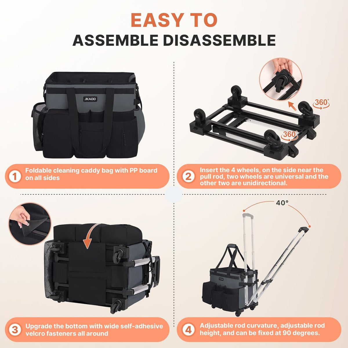 Large Rolling Cleaning Caddy Bag with Detachable Trolley, Waterproof Cleaning Caddy on Wheels for