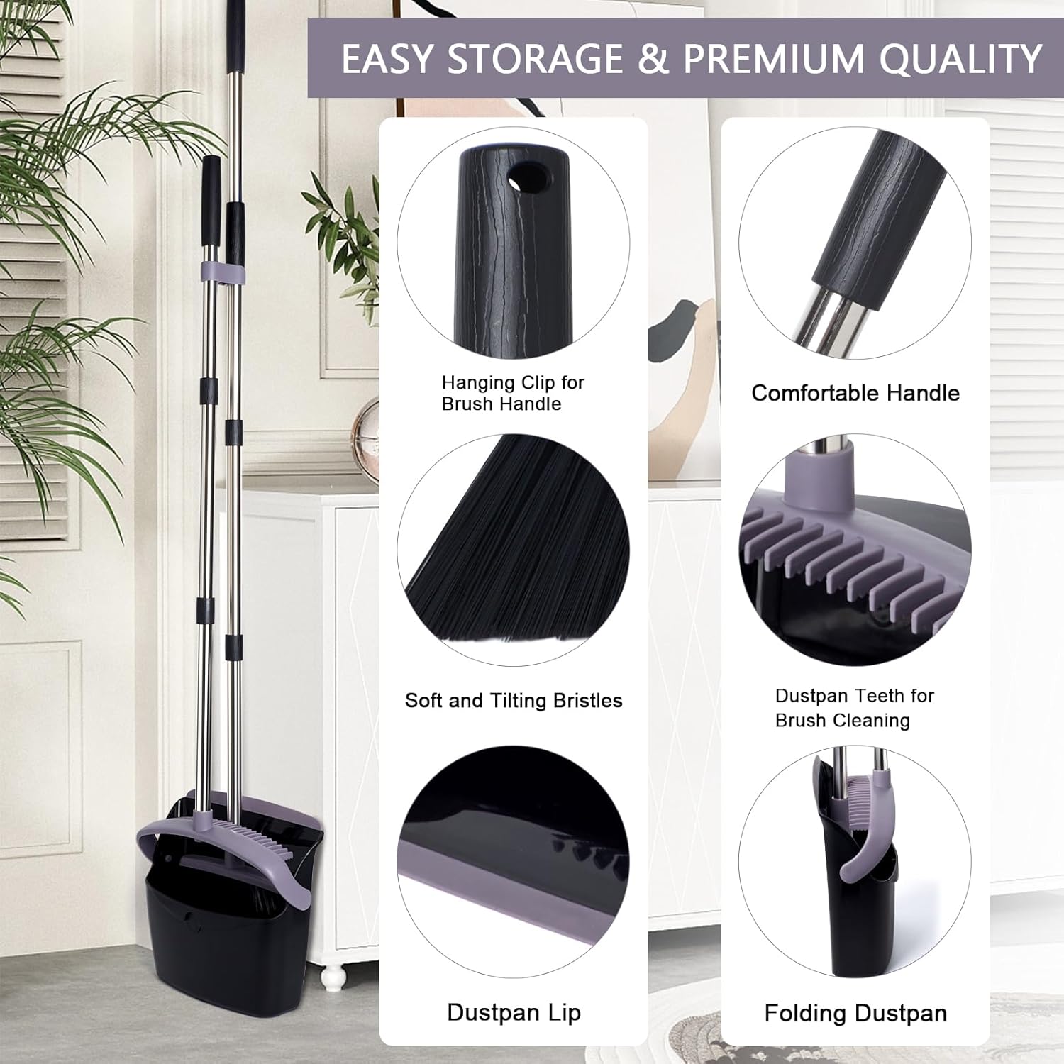 Broom and Dustpan Set, Dustpans with Broom Combo for Home, Heavy Dust Broom and Dustpan Combo, Long