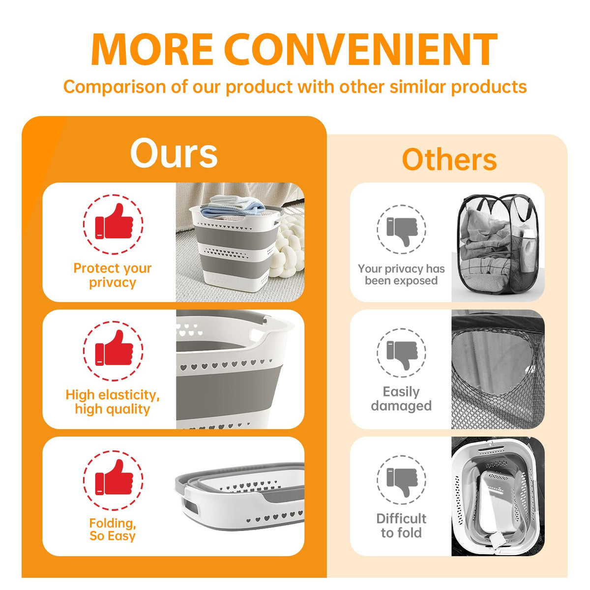 42L Medium Collapsible Plastic Laundry Basket with Handles, Foldable Laundry Basket Hamper, Pop Up