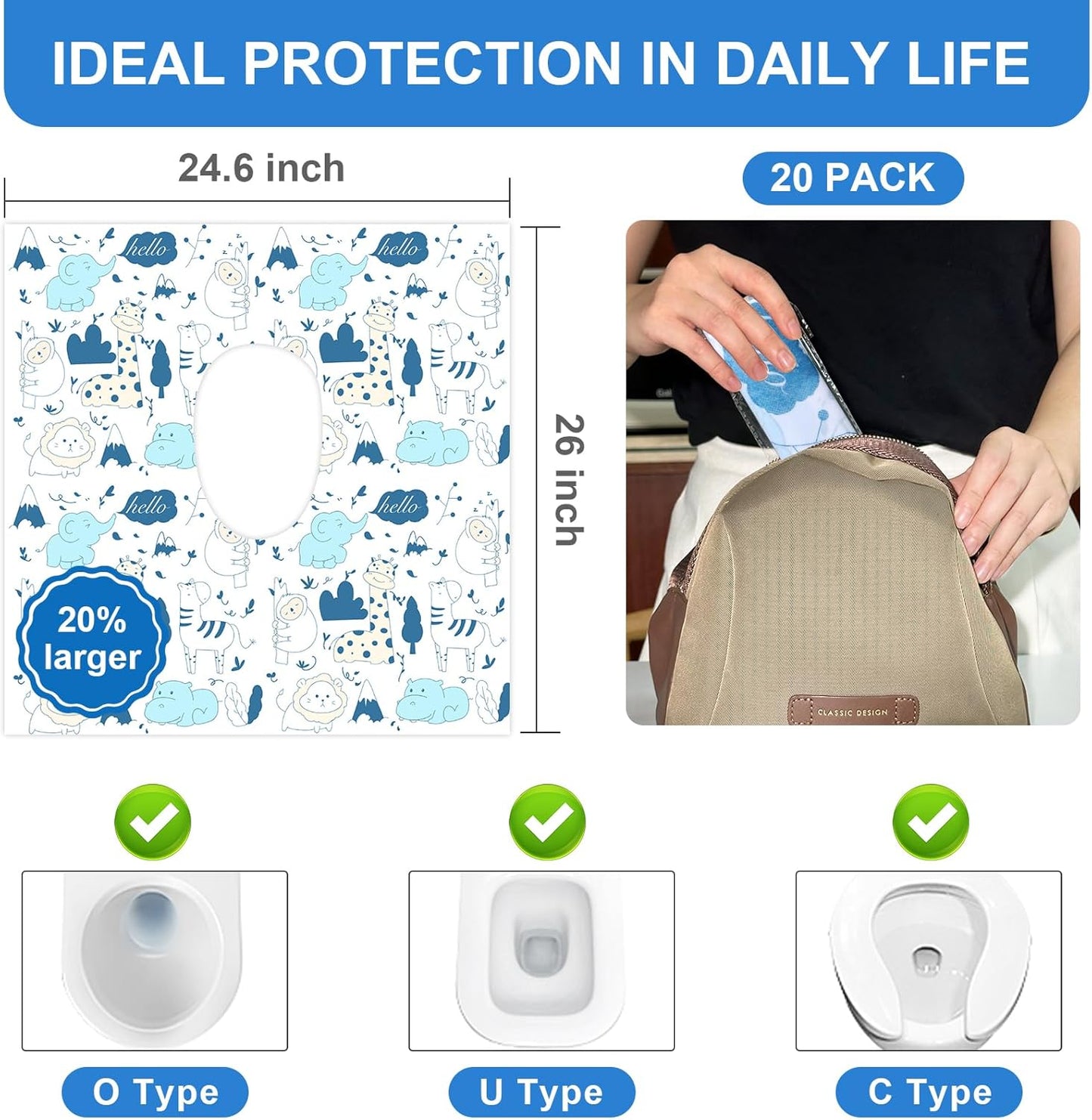 20 PCS Disposable Toilet Seat Covers, Extra Large Portable Potty Seat Covers for Toilet, Bathroom