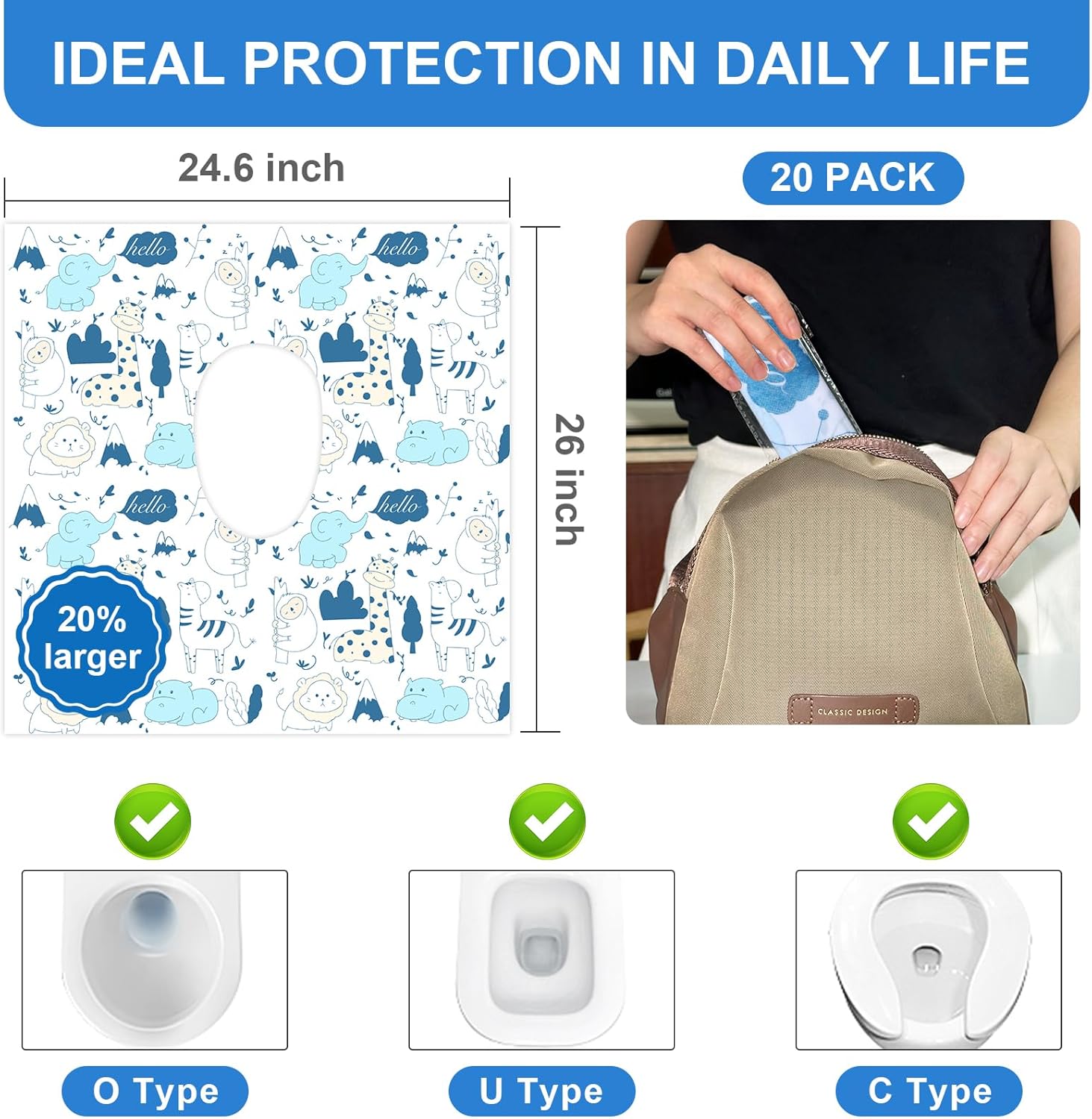 20 PCS Disposable Toilet Seat Covers, Extra Large Portable Potty Seat Covers for Toilet, Bathroom