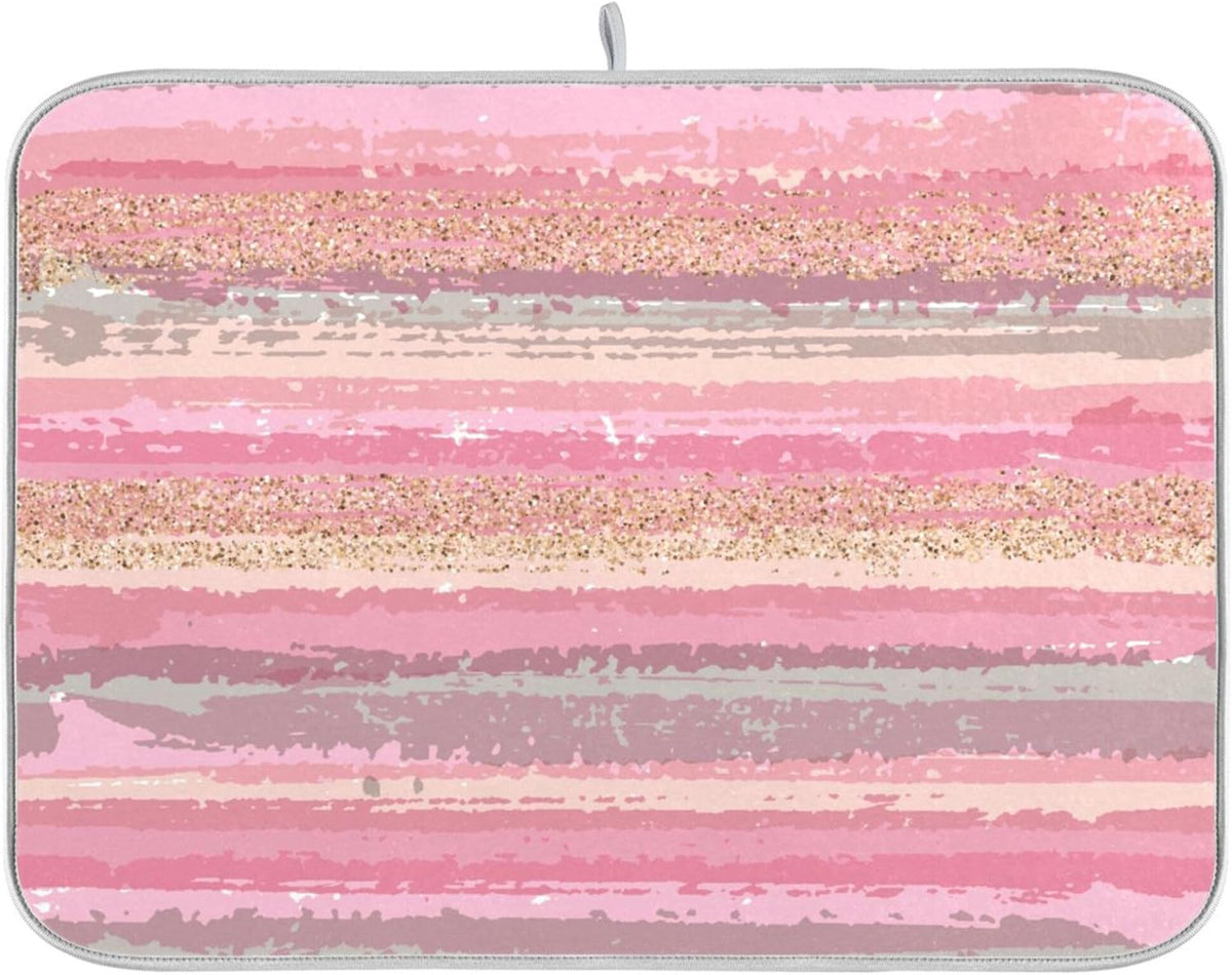 Pink Gold Stripe Dish Drying Mat for Kitchen Countertop 16x18 Rectangle Small Drying Mat Reusable