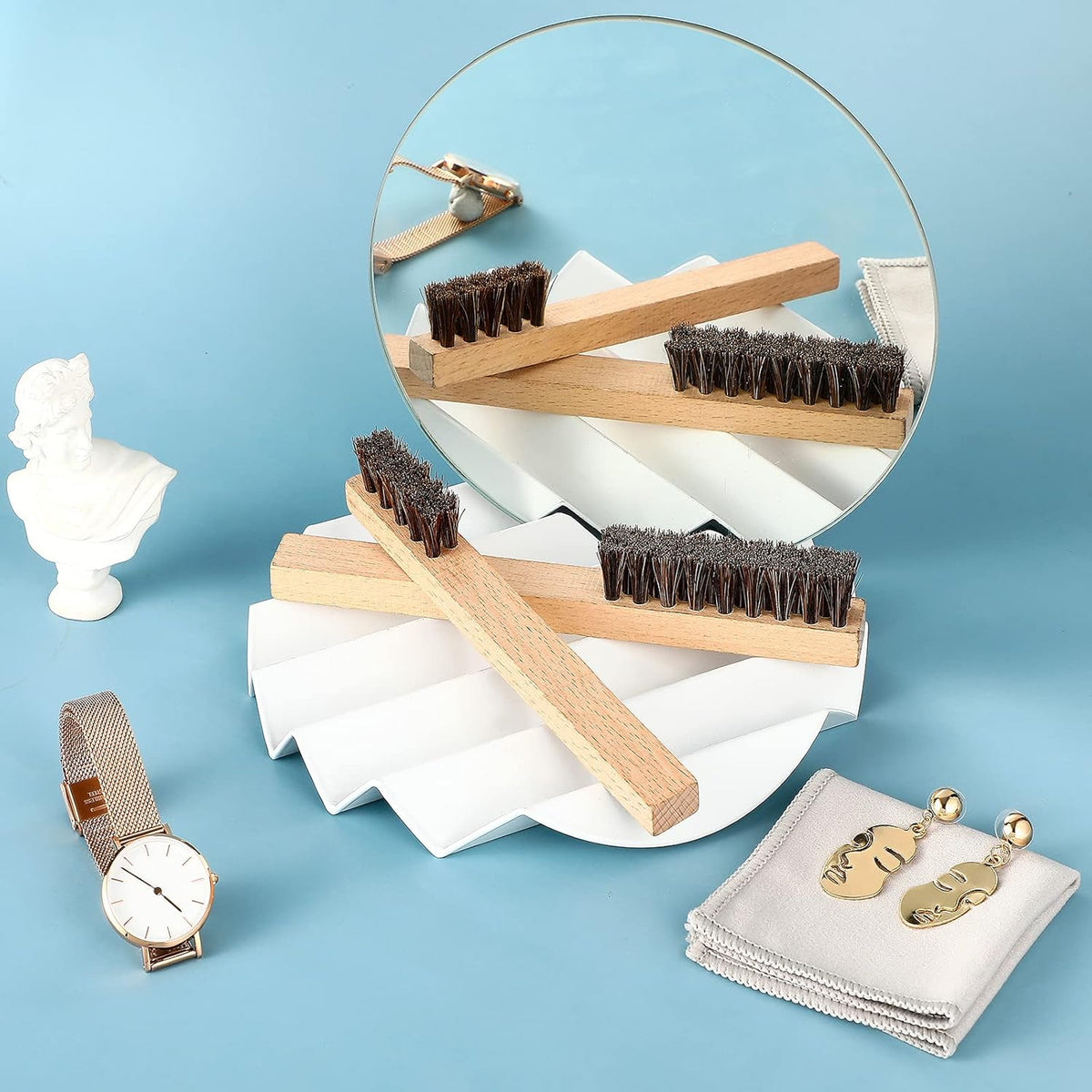 Patelai 6 Pieces Silver Polish Set, 4 Silver Cleaning Horsehair Brushes with 2 Pieces Polish Cloth