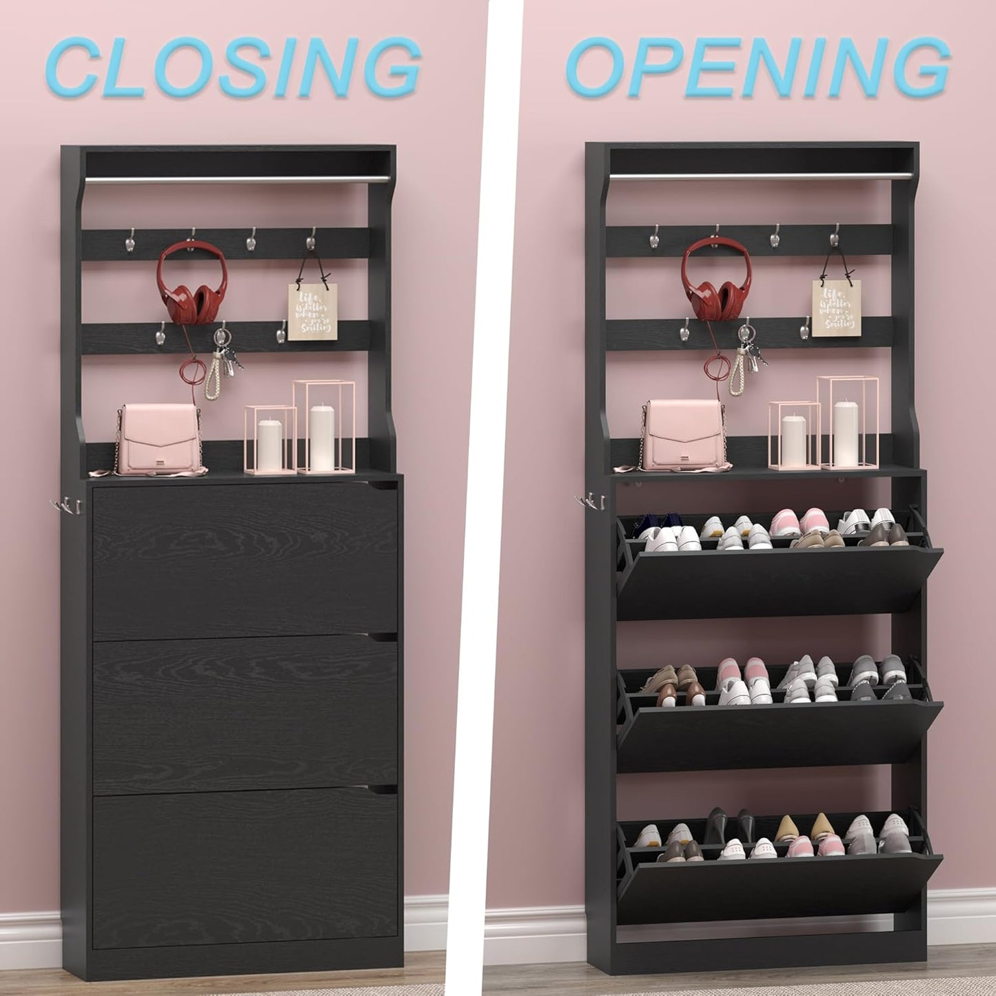 Shoe Cabinet with 3 Flip Drawers & Coat Rack, Narrow Hidden Shoe Storage Cabinet, 2-in-1 Hall Tree
