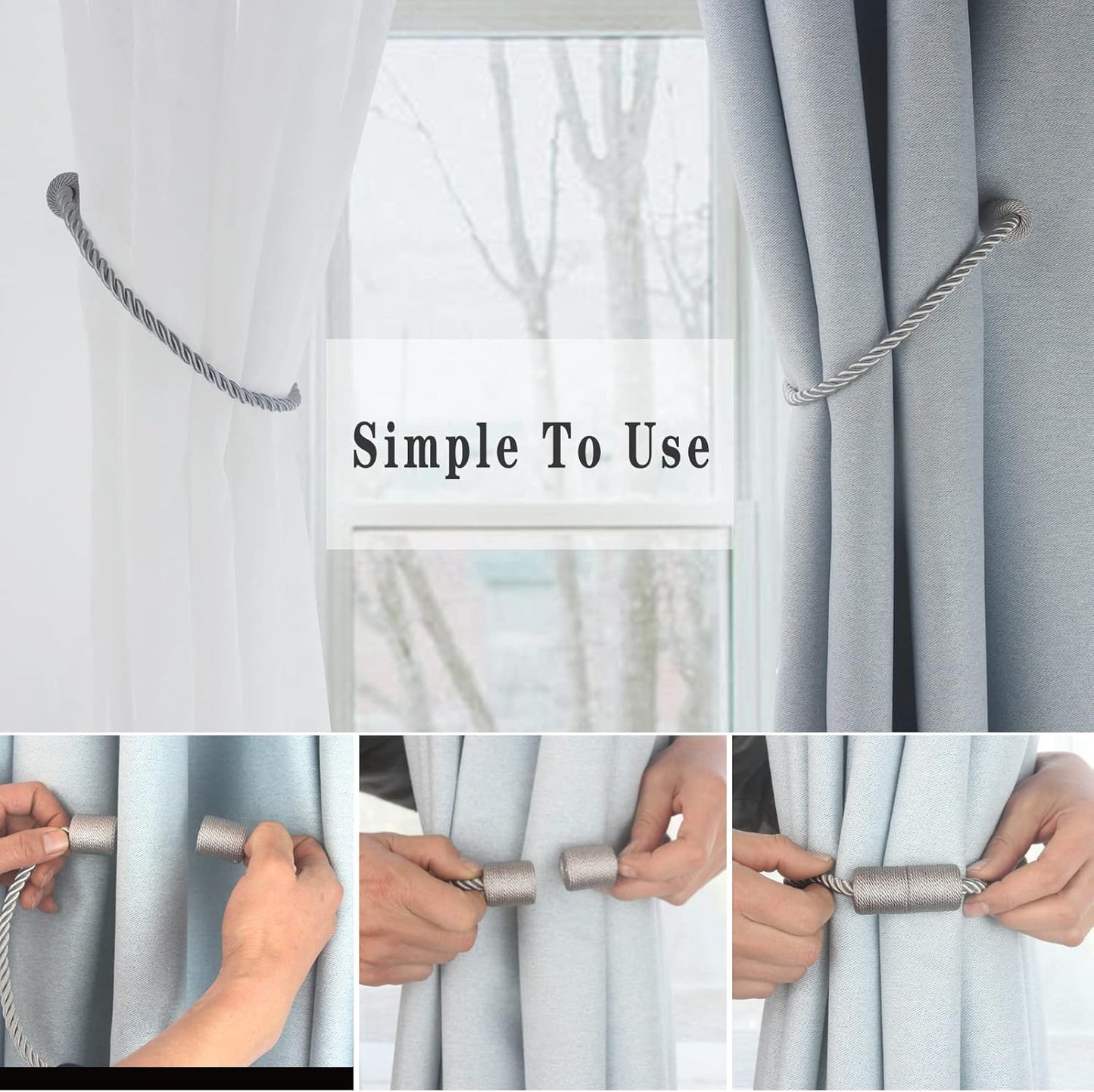Magnetic Curtain Tiebacks 6 Pack Grey Curtain Rope Tieback Curtain Holders for Drapes Modern Tie