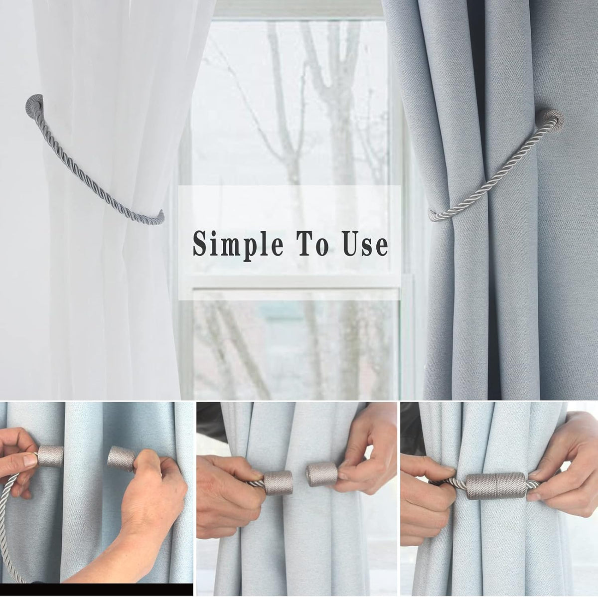 Magnetic Curtain Tiebacks 2 Pack Grey Curtain Rope Tieback Curtain Holders for Drapes Modern Tie
