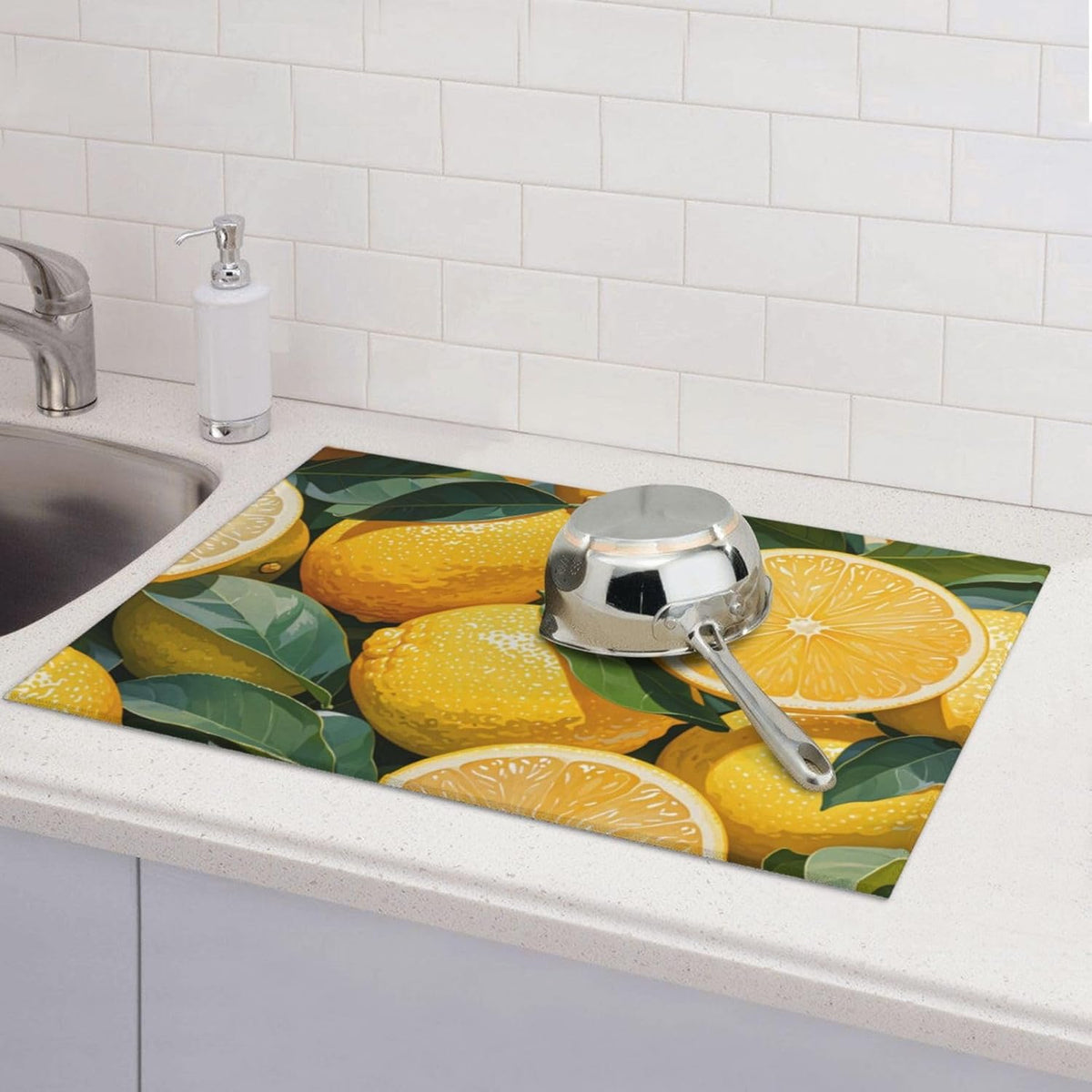 lemon Dish Drying Mat Highly Absorbent Double-Sided Microfiber with Hanging Loop Reversible Drain