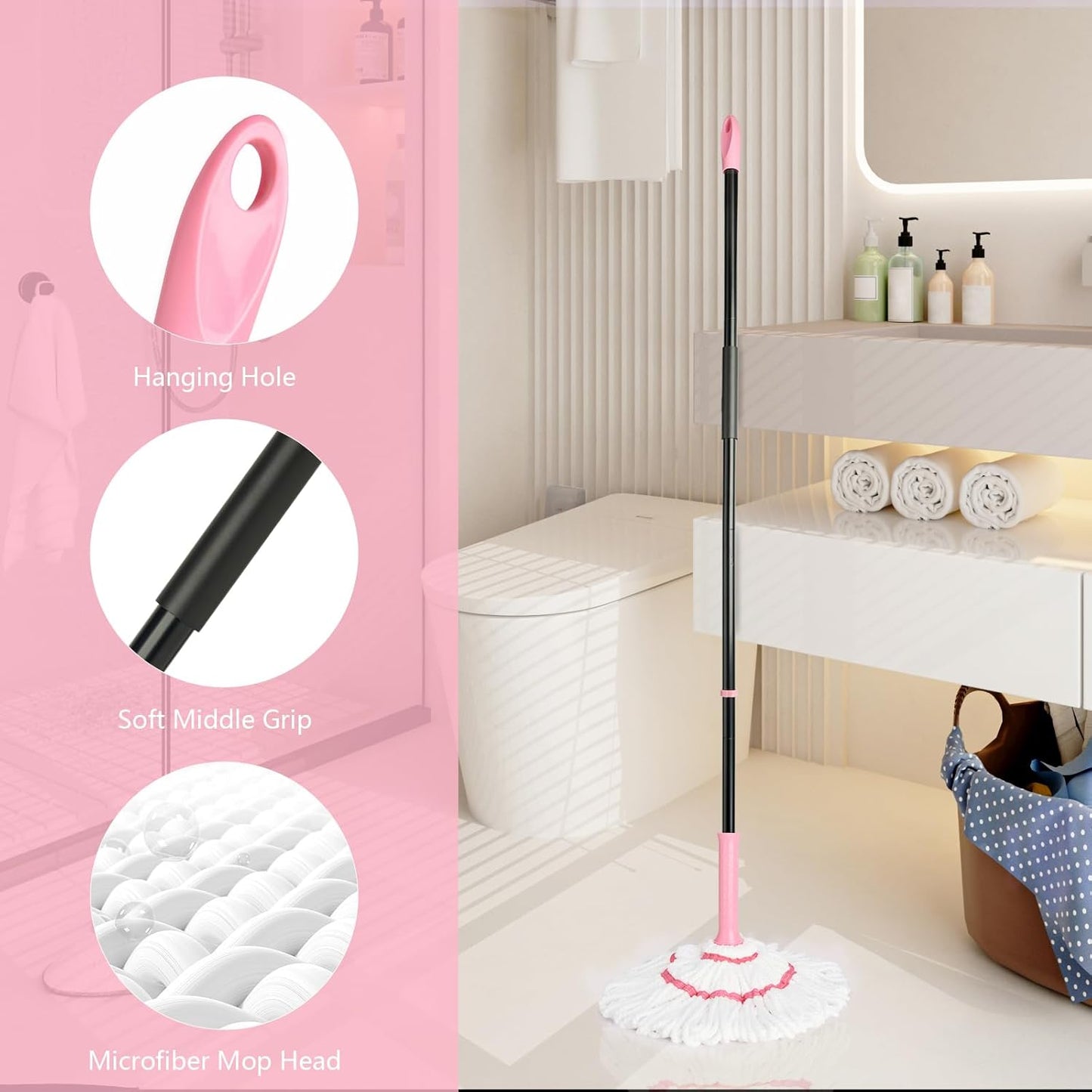 Self-Wringing Twist Mop for Floor Cleaning, 57” Long Handle Heavy Duty Microfiber Mop for Wet