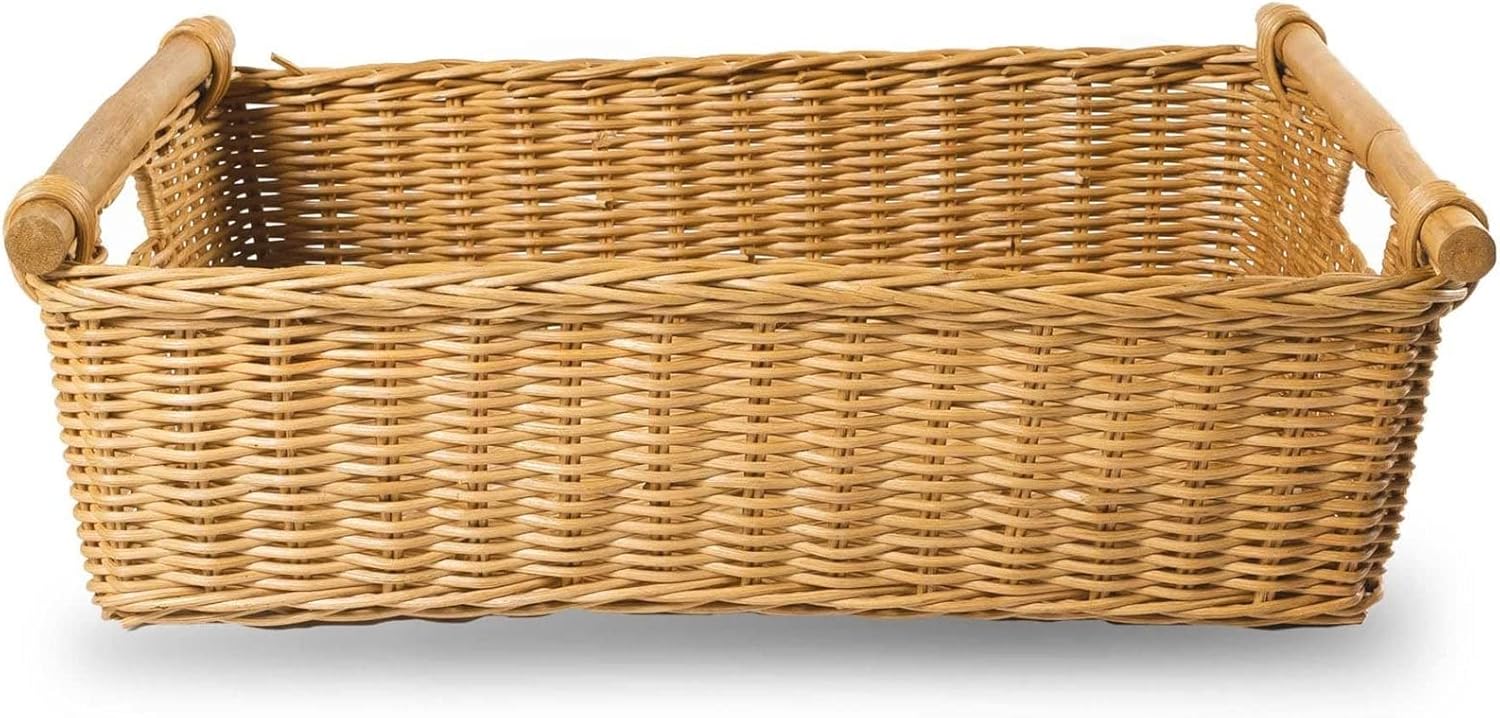 The Basket Lady Low Pole Handle Wicker Storage Basket, Large, 19.5 in L x 12.5 in W x 6 in H