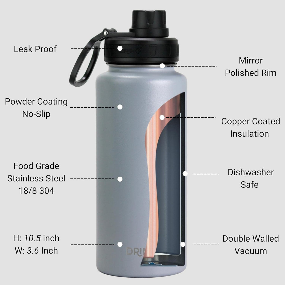 DRINCO Stainless Steel Water Bottle Spout Lid Vacuum Insulated Double Wall Water Bottle Wide Mouth