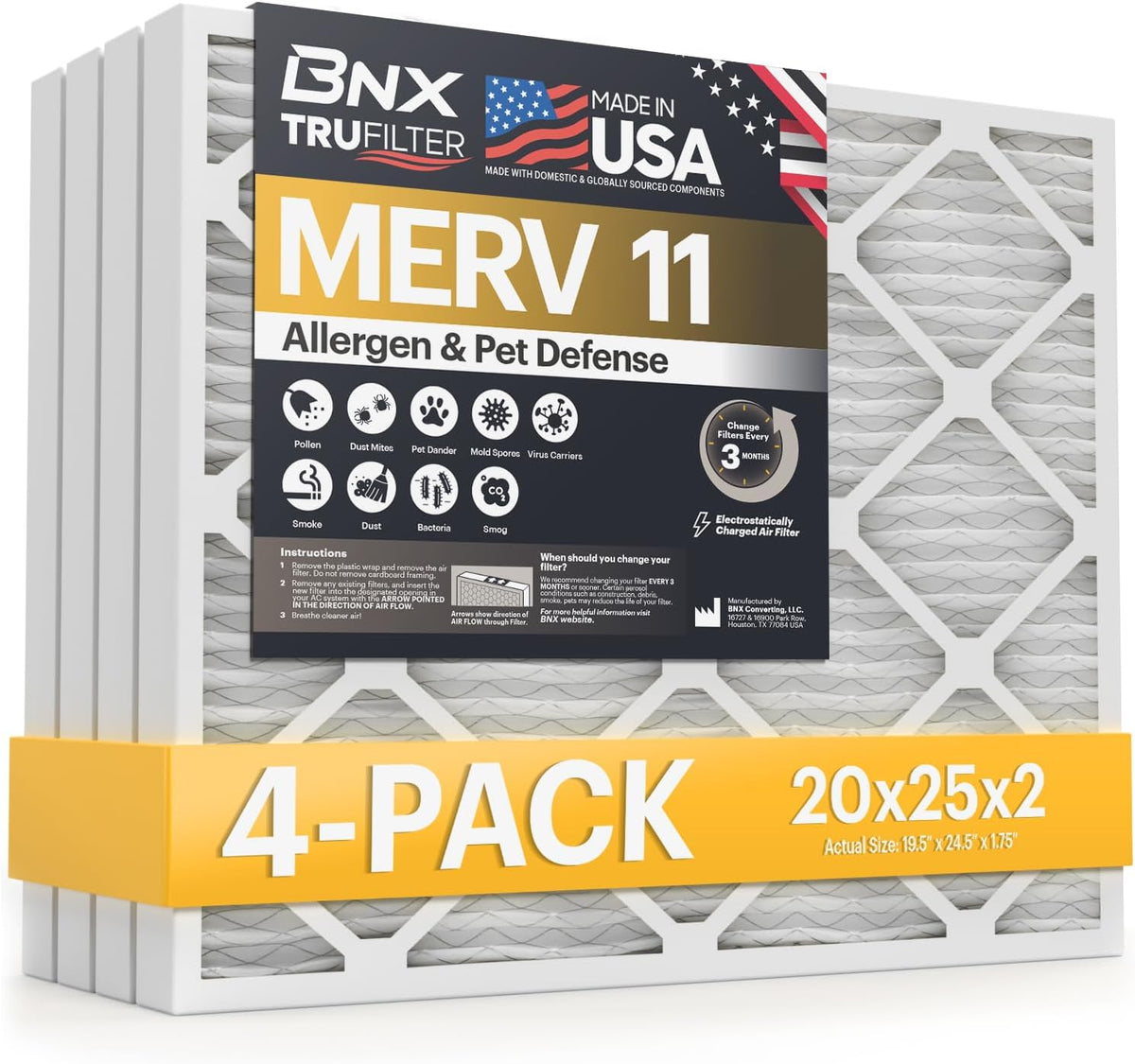 BNX TruFilter 20x25x2 Air Filter MERV 11 (4-Pack) - MADE IN USA - Allergen Defense Electrostatic