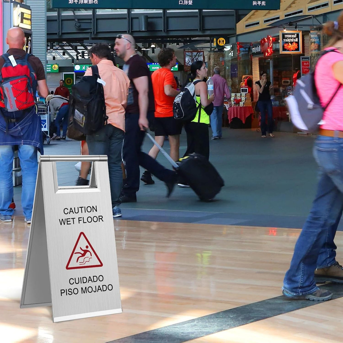Kigley 2 Pcs Wet Floor Sign, 17 Inch Stainless Steel Caution Wet Floor Sign Double Sided Portable