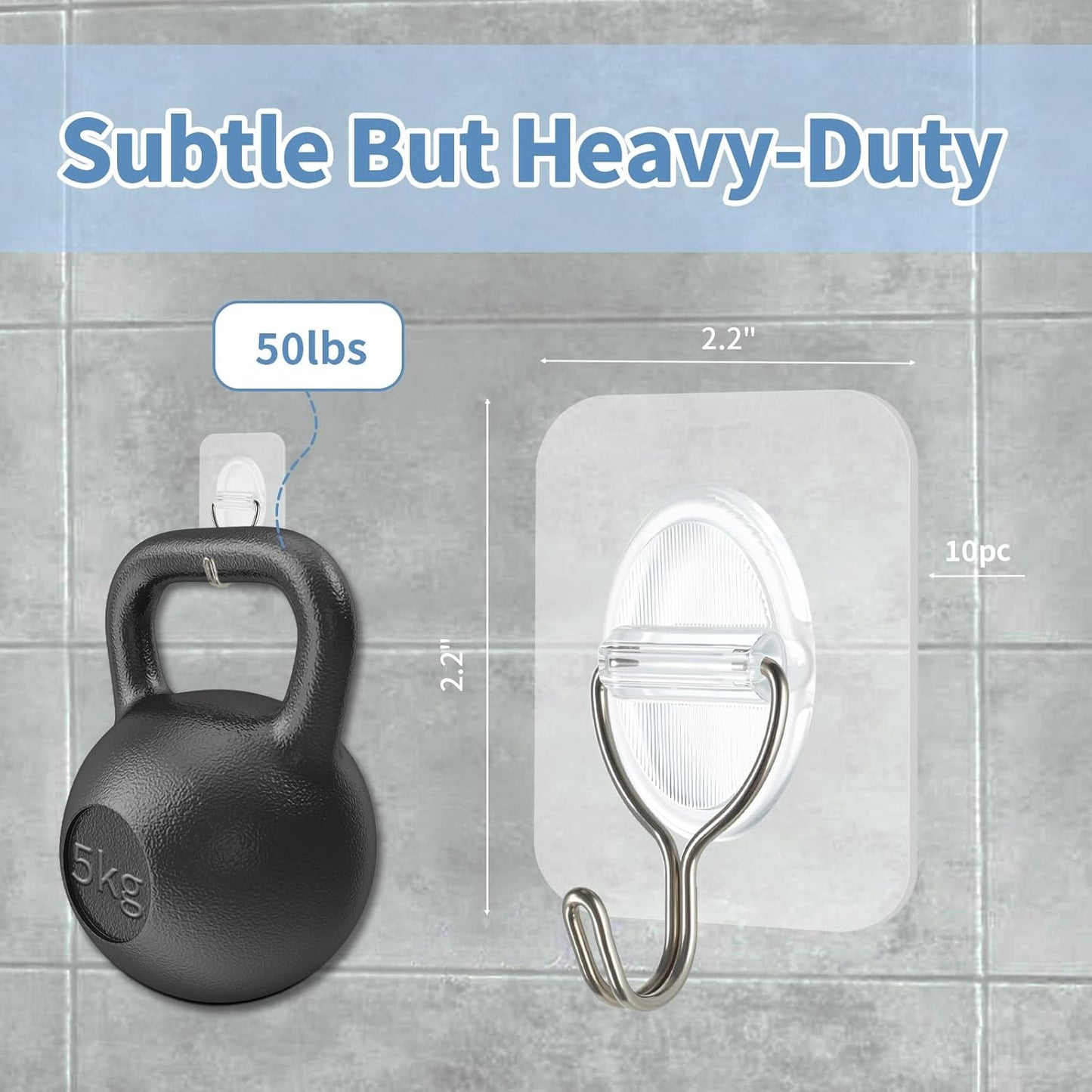 Adhesive Wall Hooks No Damage, Stick On Hooks for Hanging 10 Pack - Transparent Stainless Steel 5KG