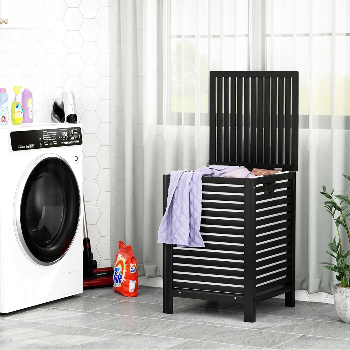 Homykic Bamboo Laundry Hamper with Lid, 120L Large Clothes Laundry Sorter with Removable 2-Section
